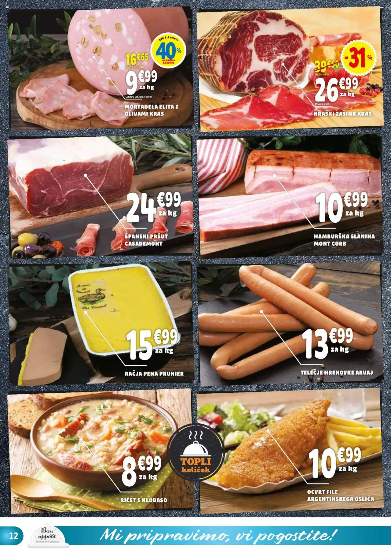 Novi E.leclerc katalog ponudbe – veljaven od 01.10.2025 | Stran: 12 | Izdelki: Hrenovke, Pršut, Mortadela, Slanina