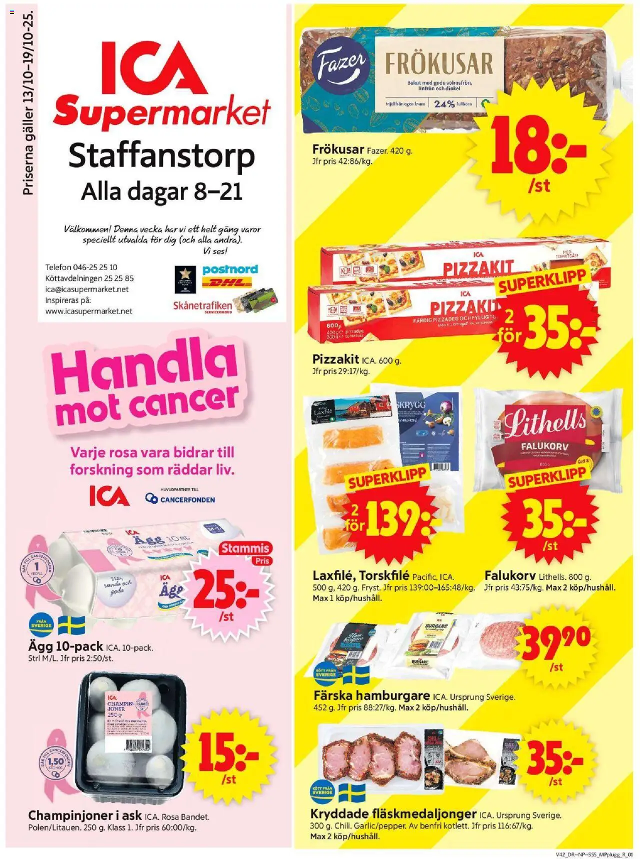 ICA Supermarket reklamblad aktuell från 13.10.2025 | Sida: 1 | Produkter: Torskfile, Falukorv, Pizzakit, Tomatsås