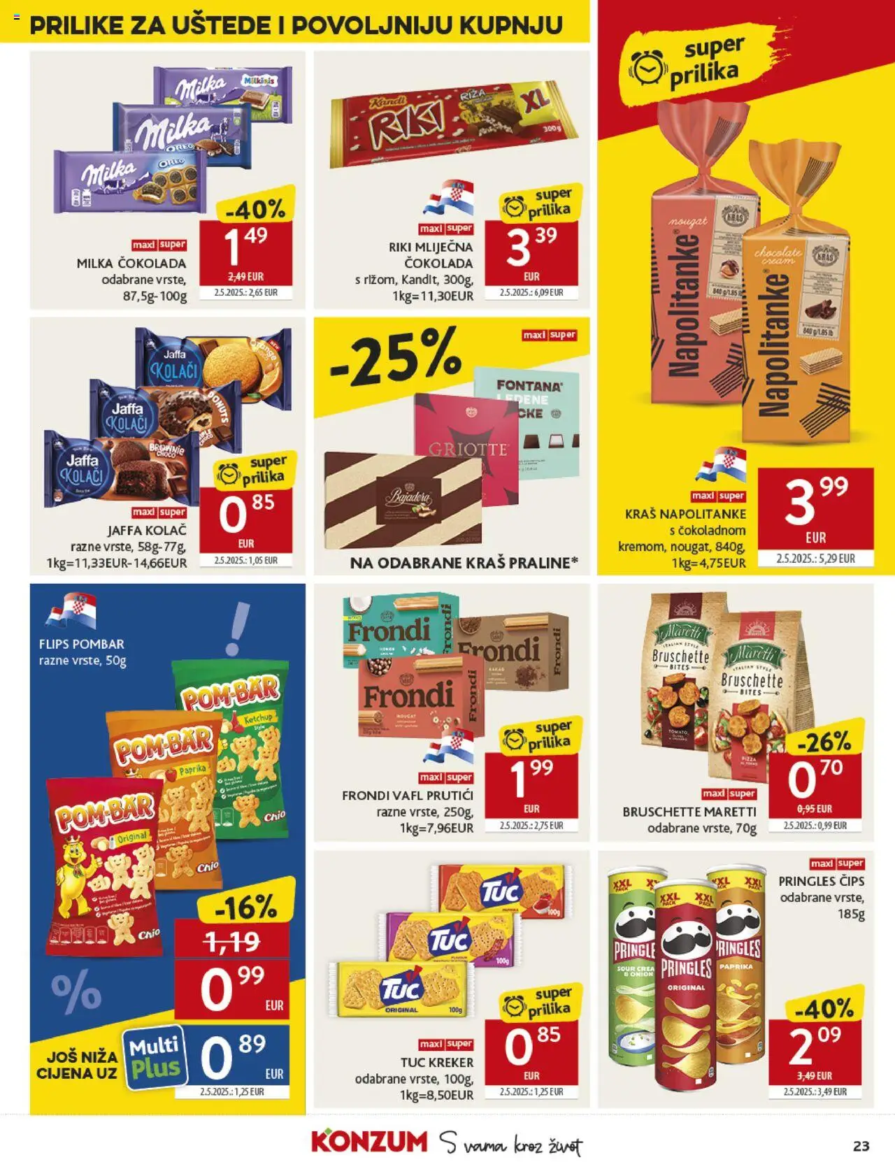Konzum HR akciós ujság - amely érvényes a következő dátumtól: 13.08.2025 | Oldal: 23 | Termékek: Pringles, Kréker, Ketchup, Brownie