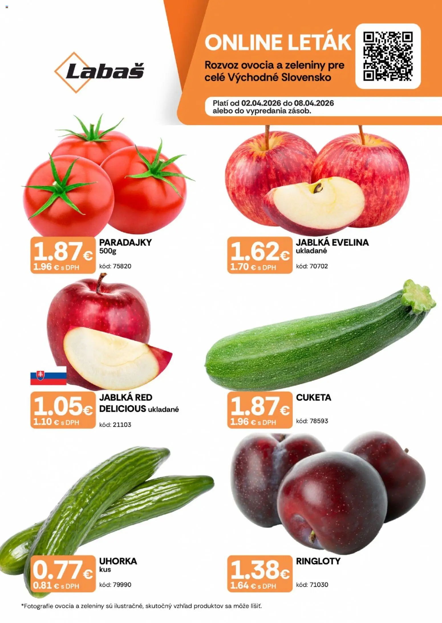 Nové Labaš akcie – leták je platný od 02.04.2026 | Strana: 1 | Produkty: Jablká, Paradajky, Cuketa