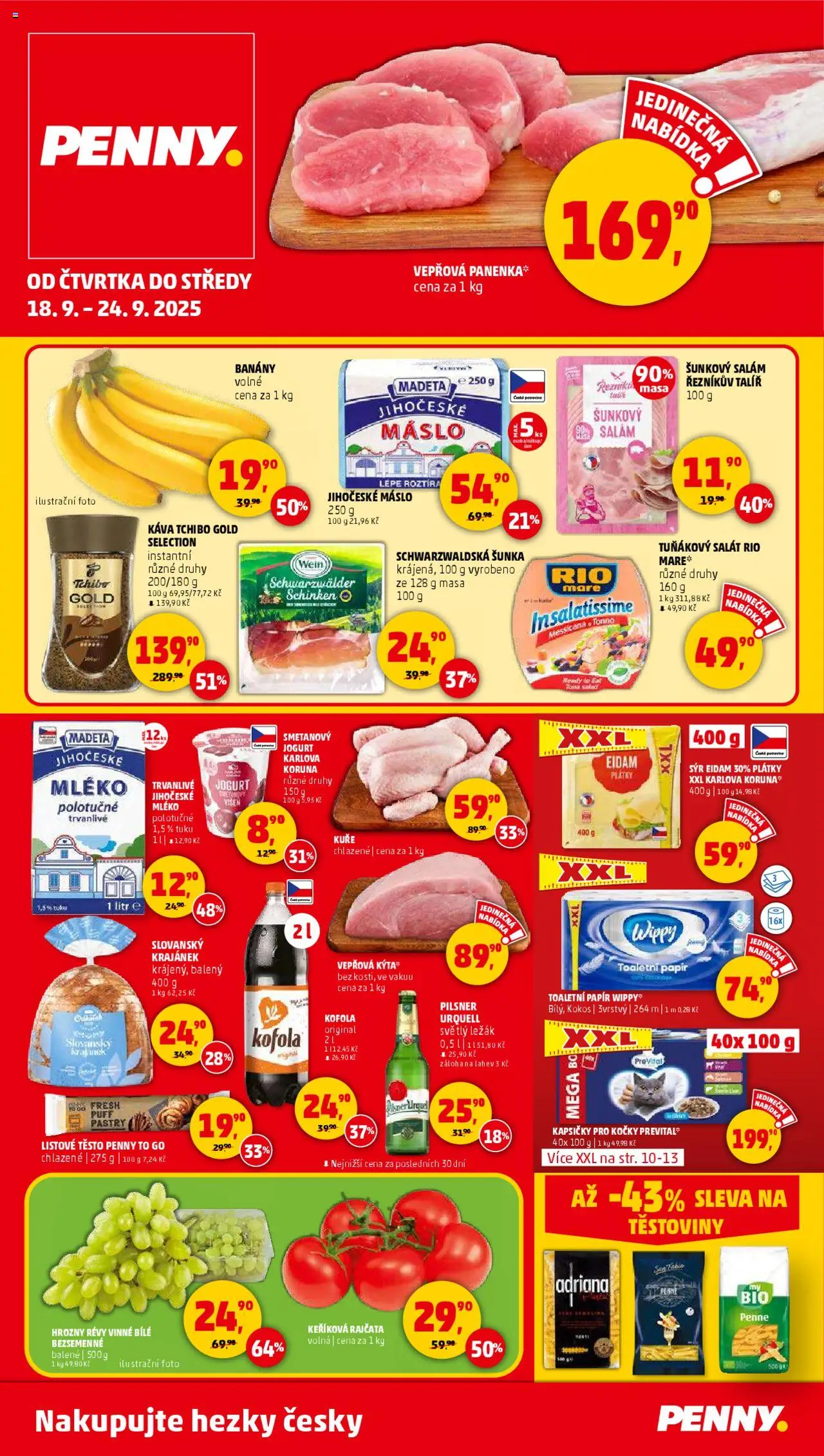 Penny Market leták - Čtvrtečník od 18.09.2025 | Strana: 1 | Produkty: Penne, Banány, Těstoviny, Těstoviny Adriana