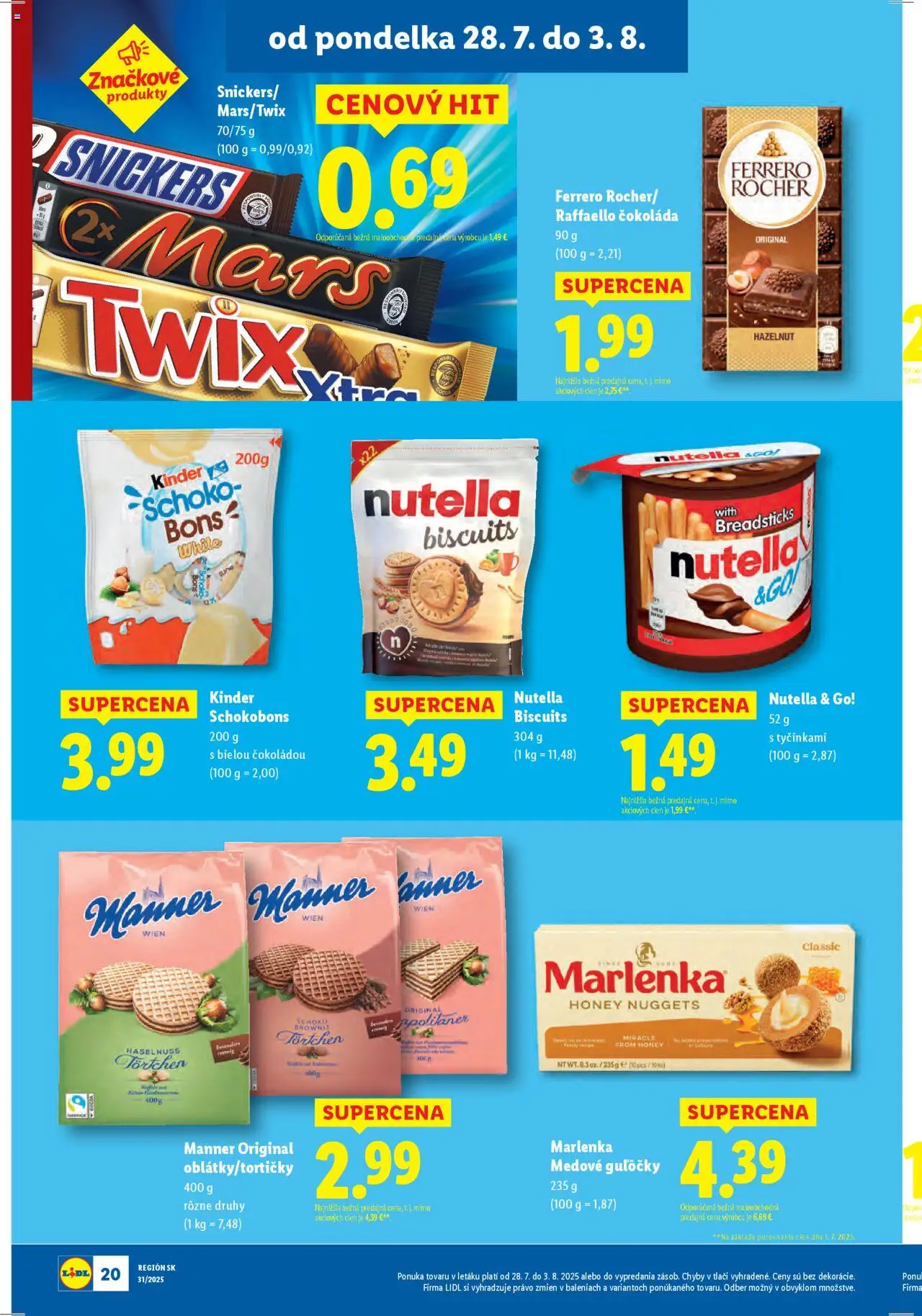 Lidl leták │ platný od 28.07.2025 | Strana: 20 | Produkty: Kinder, Čokoláda, Marlenka, Nutella