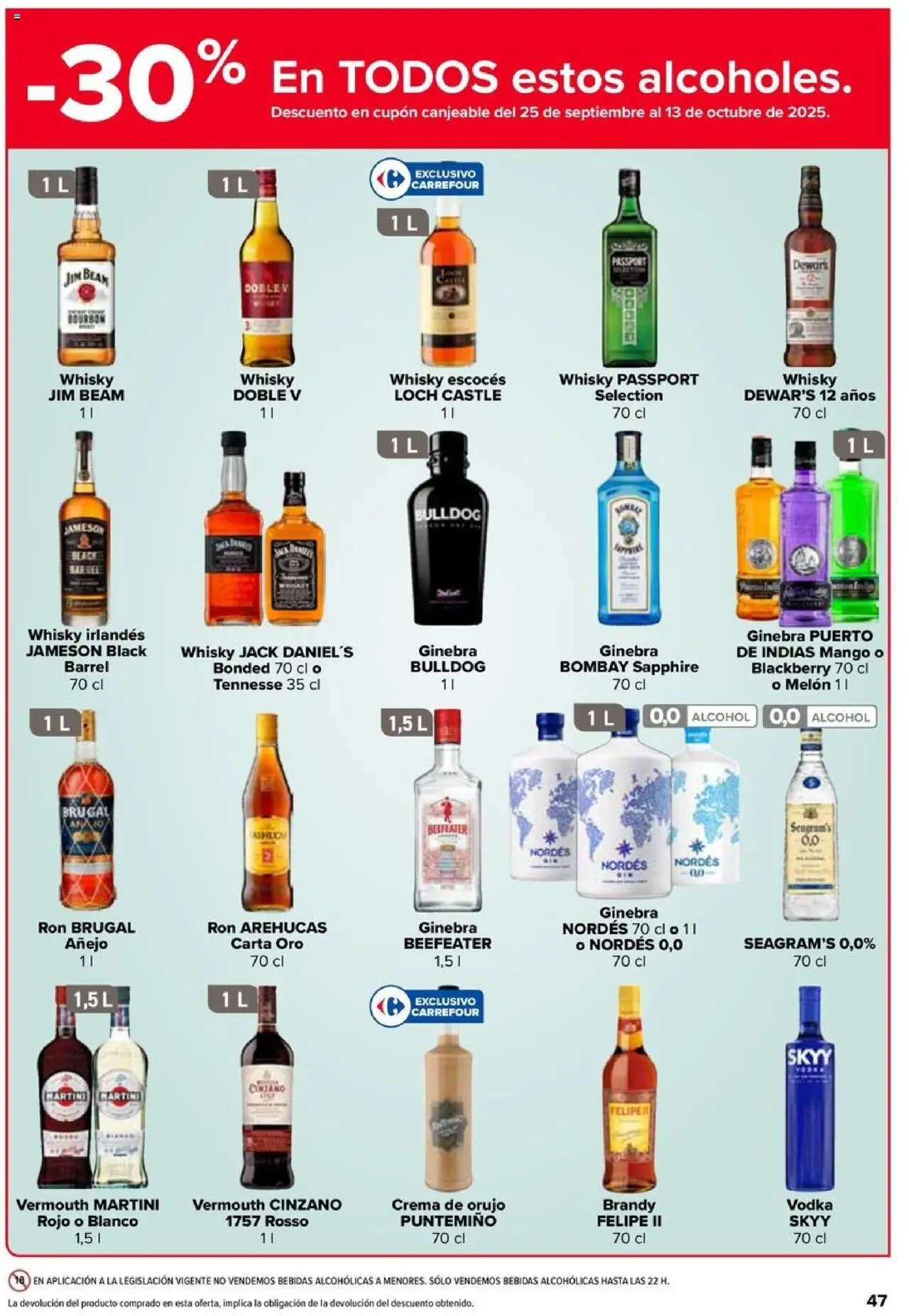 Carrefour folleto │ válido desde el 11.09.2025 | Página: 47 | Productos: Ginebra, Vodka, Whisky, Μαύρο πιπέρι