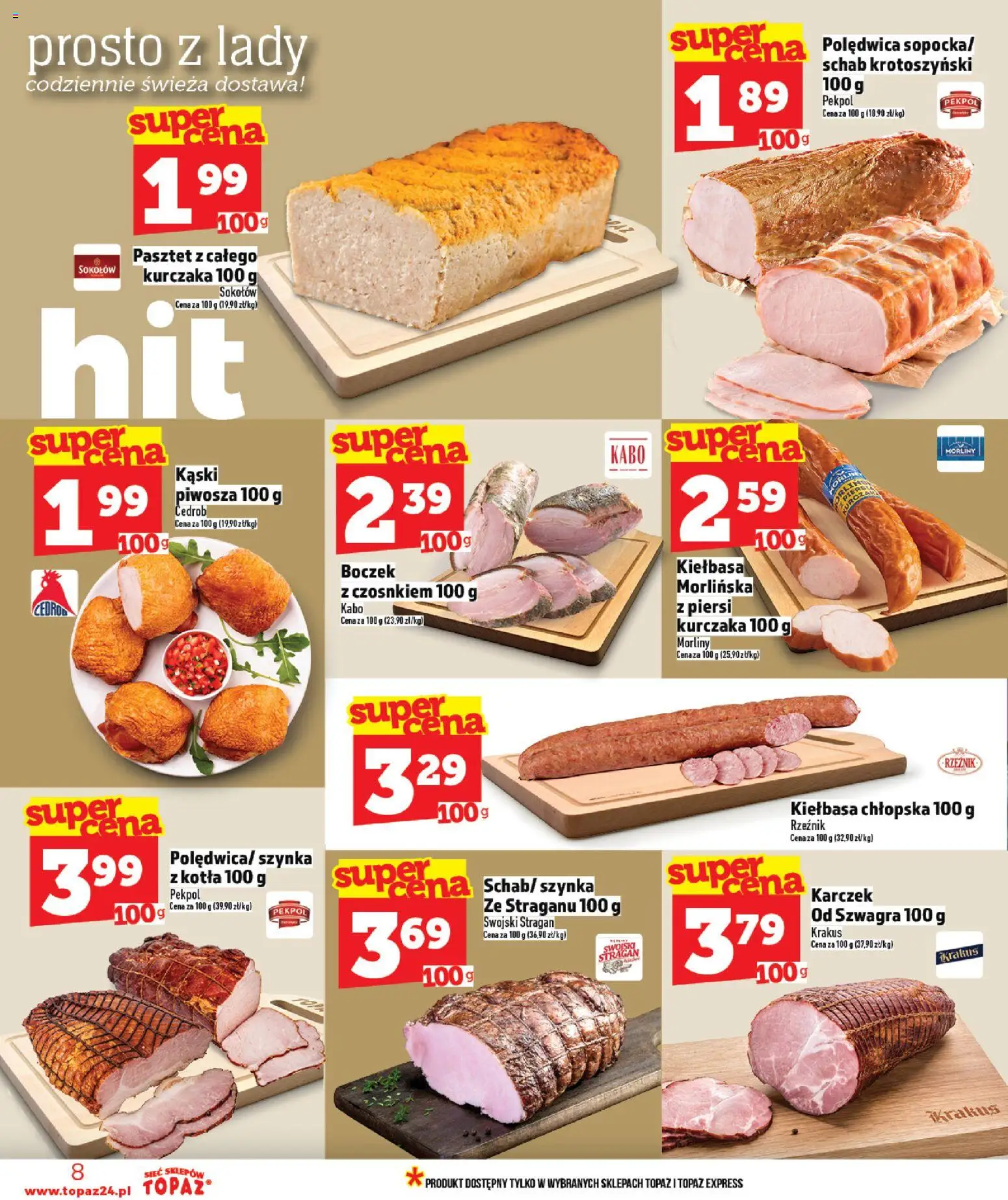 Topaz Gazetka od 26.02.2026 | Strona: 8 | Produkty: Schab, Piersi, Szynka, Boczek