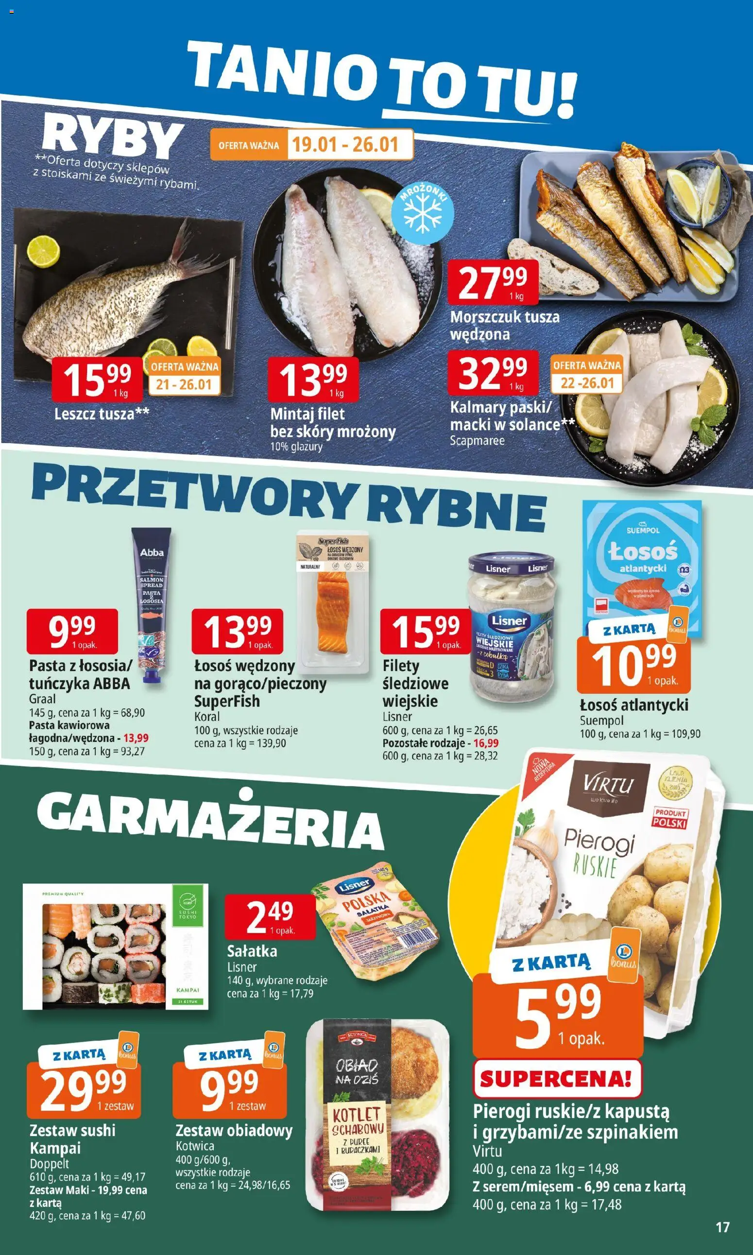 E.Leclerc Gazetka - Radom od 19.01.2026 | Strona: 17 | Produkty: Łosoś atlantycki, Pierogi, Mintaj, Morszczuk