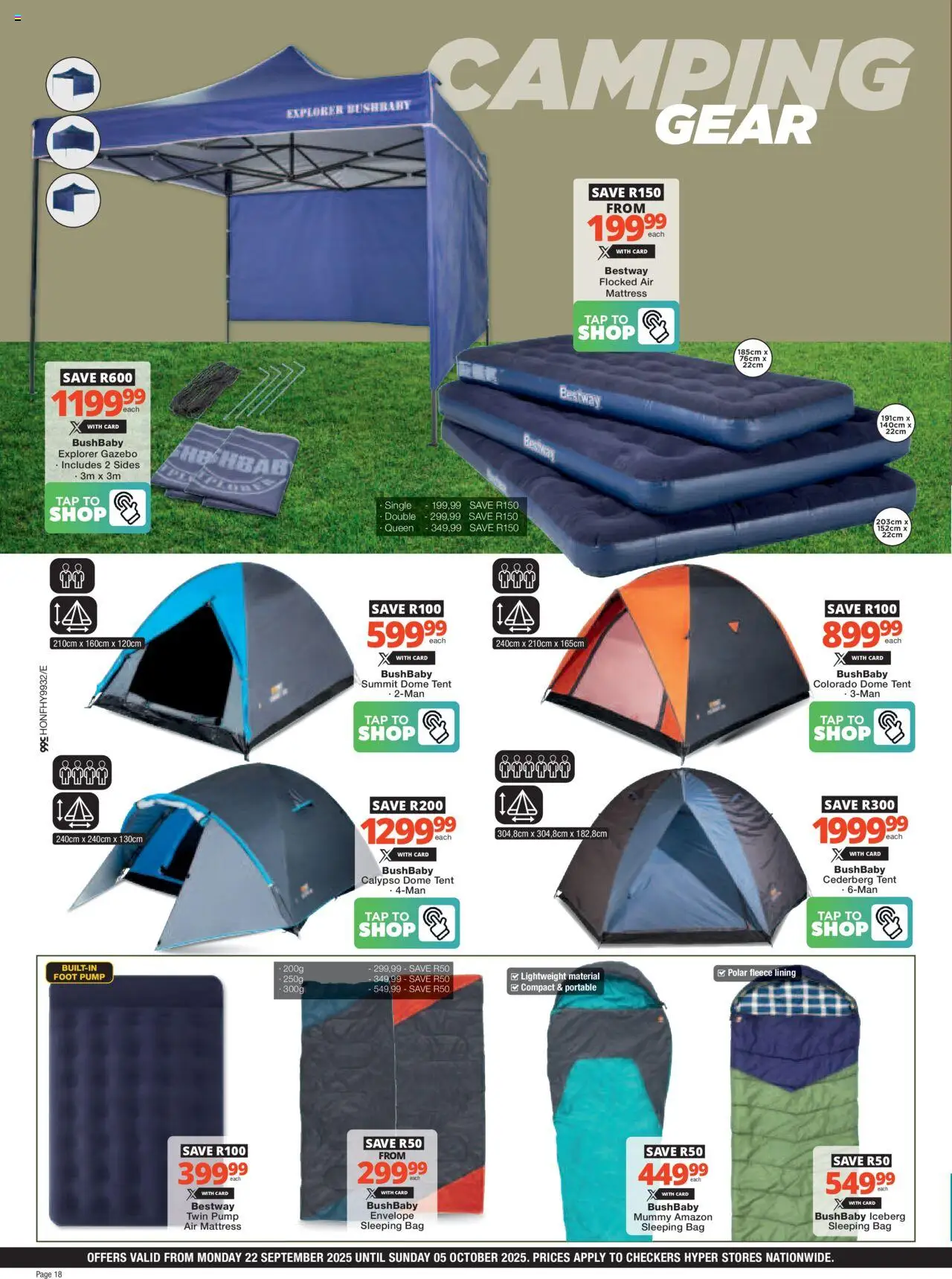 New Checkers catalogue – valid from 22.09.2025 | Page: 18 | Products: Bag, Sleeping bag, Tent, Tap