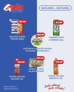 Gala MARKET vikend akcija - pregled Gala MARKET kataloga - važi od 26.12.2025 | Strana: 1 | Proizvode: Jagoda, Sir, Pivo, Breskva
