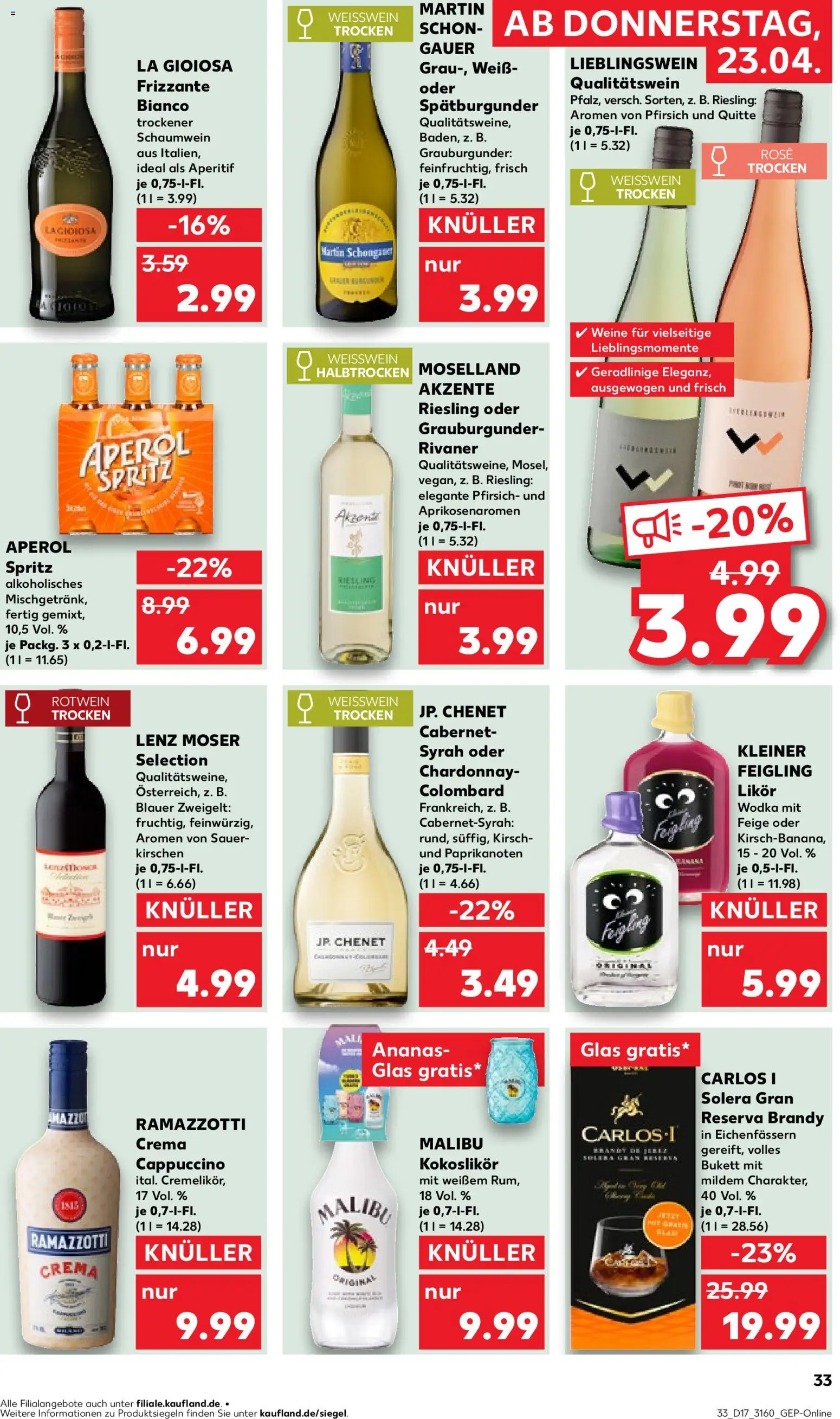 Kaufland Prospekt – gültig ab 23.04.2026 | Seite: 33 | Produkte: Weißwein trocken, Ananas, Aperol, Wodka