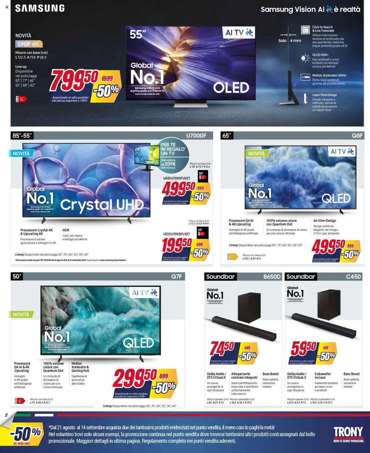 Volantino Trony del 21.08.2025 | Pagina: 2 | Prodotti: Tv samsung, TV, Audio, Samsung