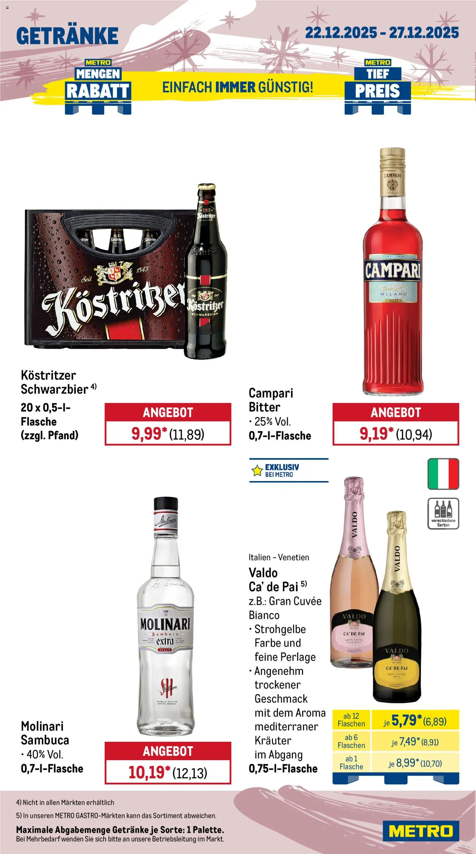 Metro - Wochen-Angebote Gastro – gültig ab 22.12.2025 | Seite: 16 | Produkte: Kostritzer, Campari, Sambuca