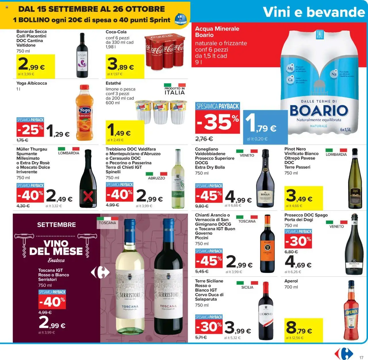 Volantino Carrefour del 15.09.2025 | Pagina: 17 | Prodotti: Vino, Enoteca, Acqua minerale, Pecorino