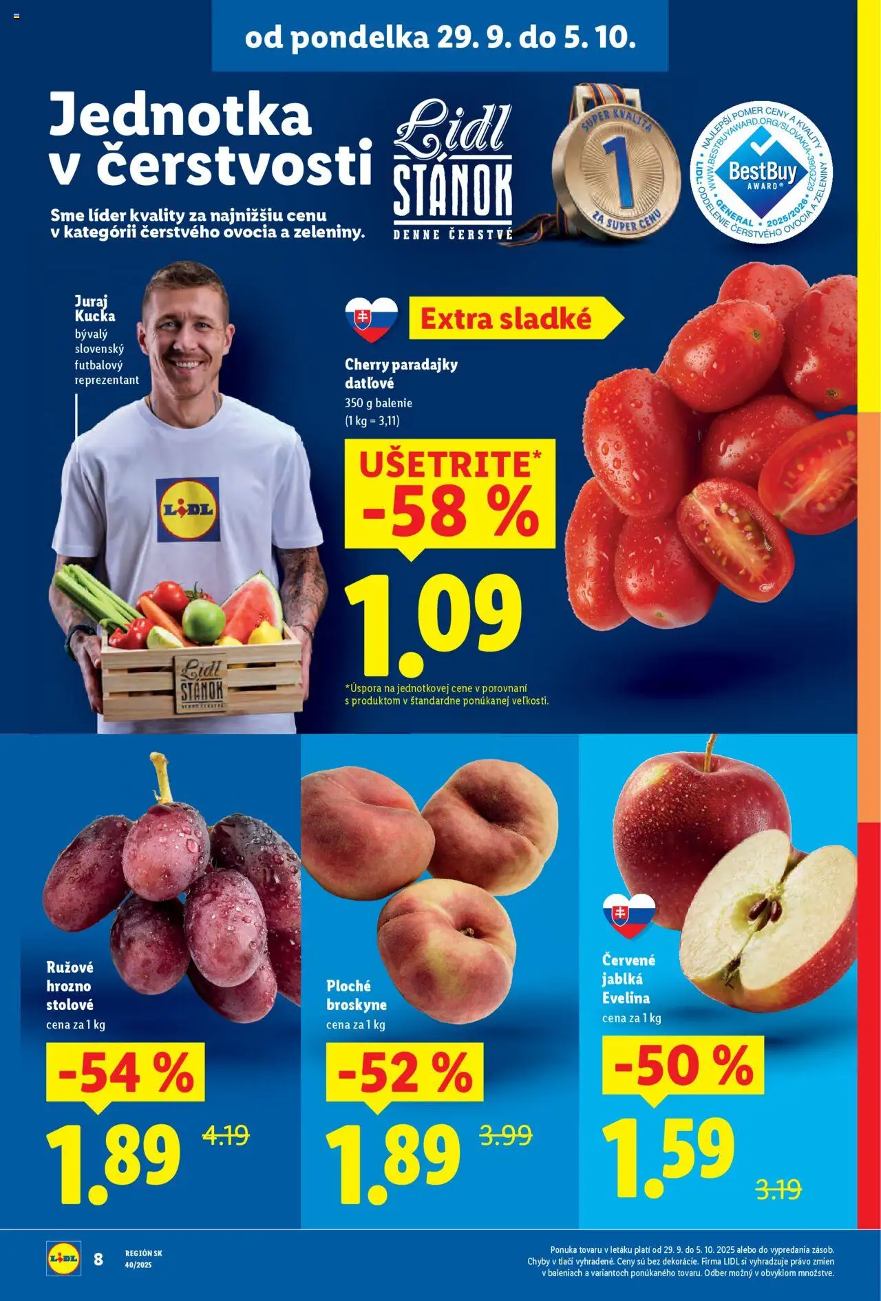 Nové Lidl akcie – leták je platný od 29.09.2025 | Strana: 8 | Produkty: Paradajky, Cherry paradajky, Broskyne, Hrozno