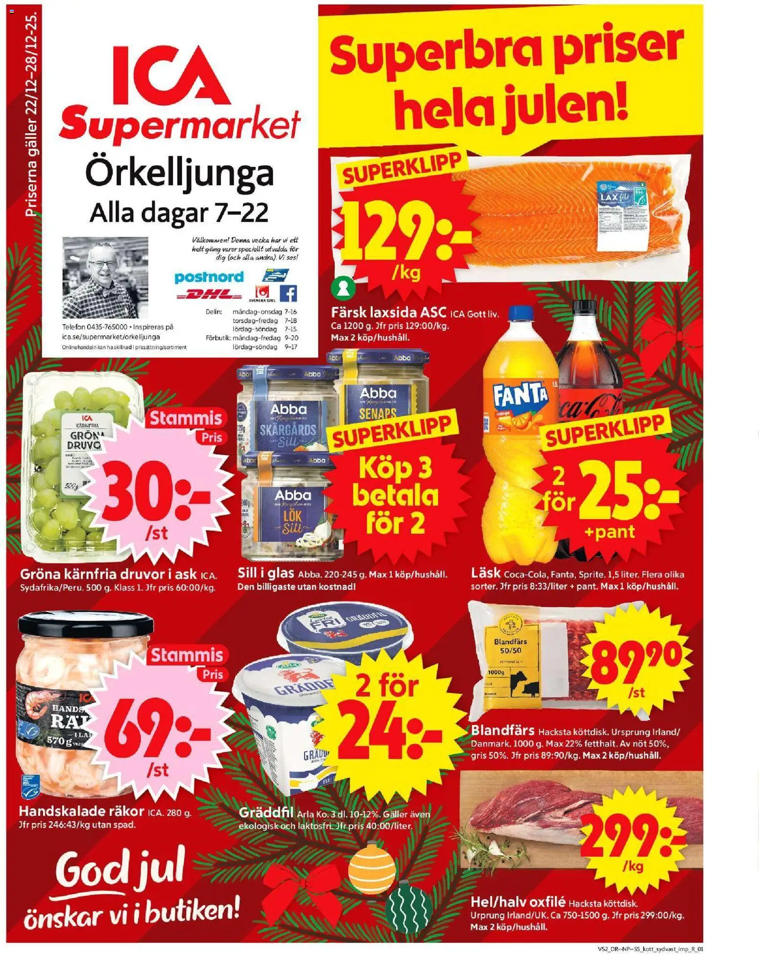 ICA Supermarket reklamblad aktuell från 22.12.2025 | Sida: 1 | Produkter: Galler, Sill, Räkor, Oxfilé