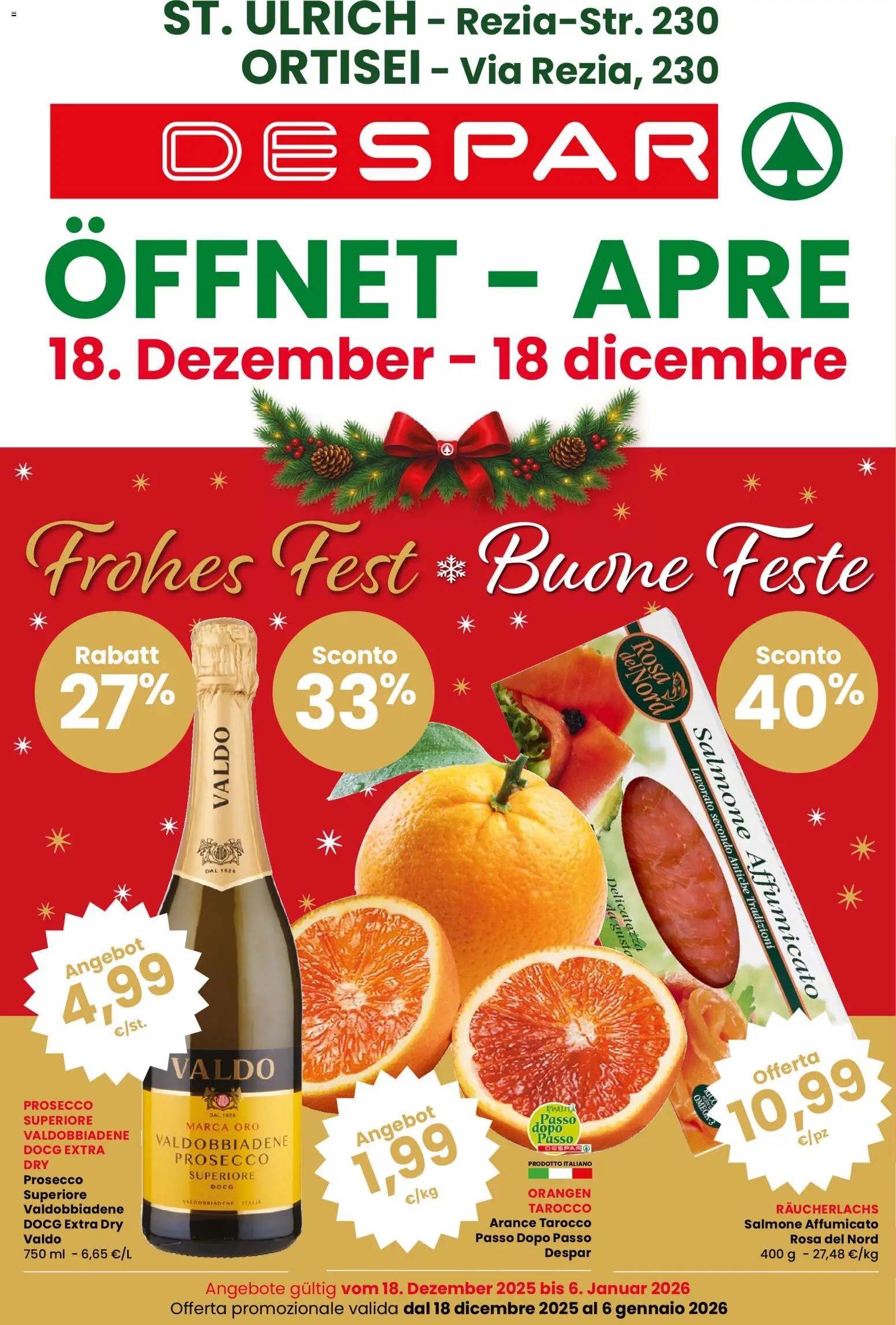 Volantino Despar del 18.12.2025 | Pagina: 1 | Prodotti: Salmone affumicato, Salmone, Arance, Prosecco