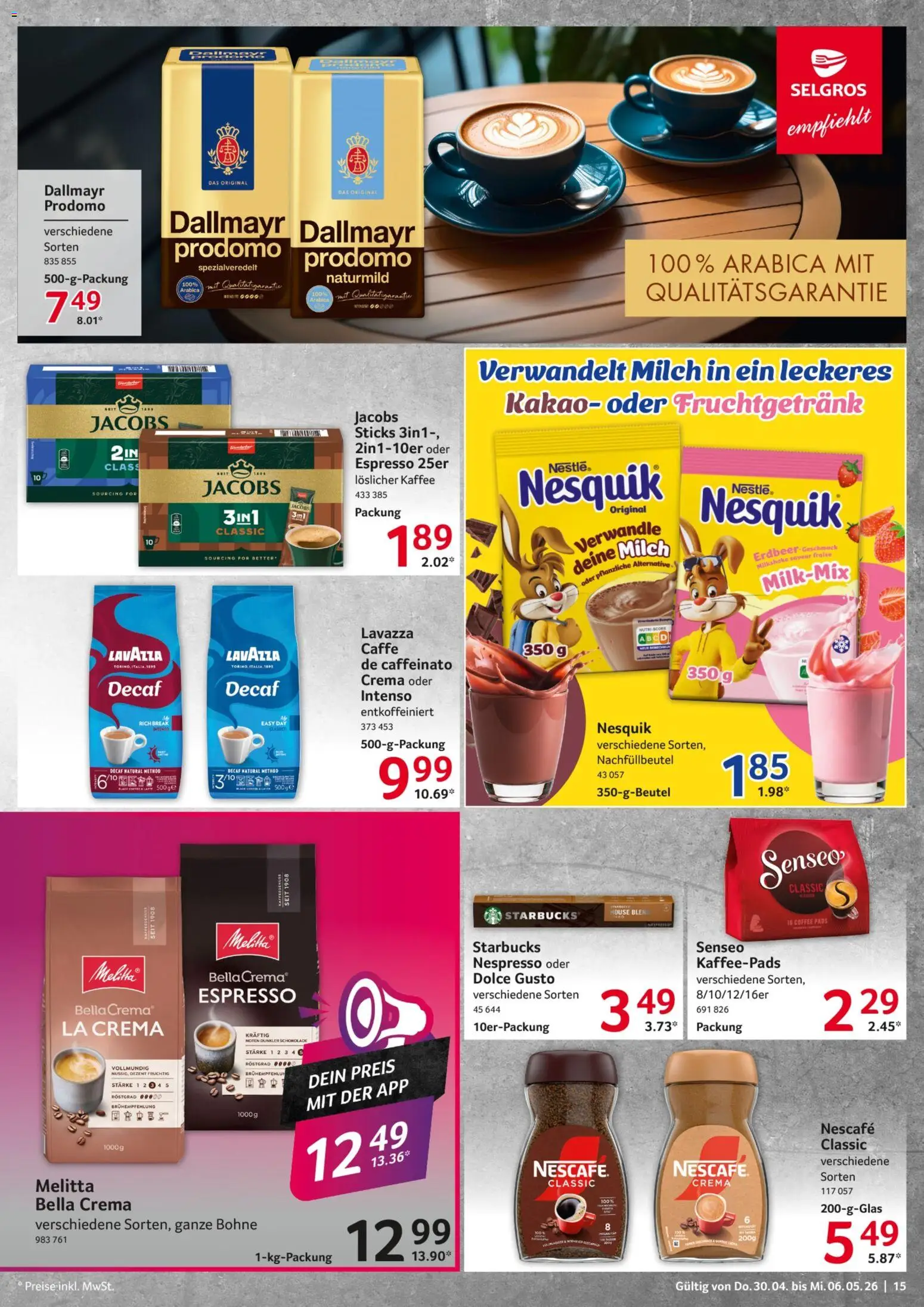 Selgros Prospekt 	 – gültig ab 30.04.2026 | Seite: 15 | Produkte: Melitta, Milch, Schokolade, Starbucks