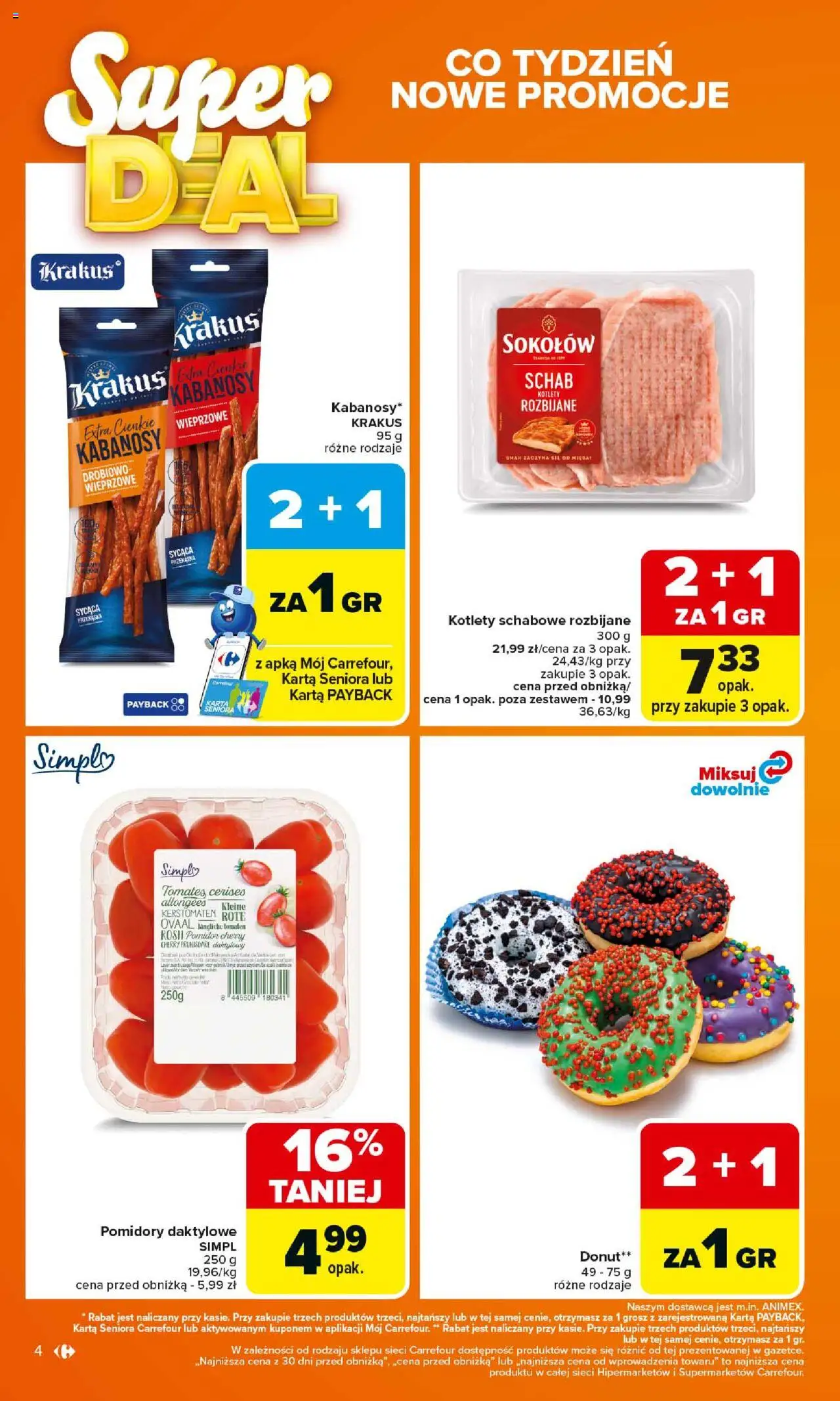 Carrefour Gazetka od 15.09.2025 | Strona: 4 | Produkty: Karta, Schab, Kabanosy, Pomidor cherry