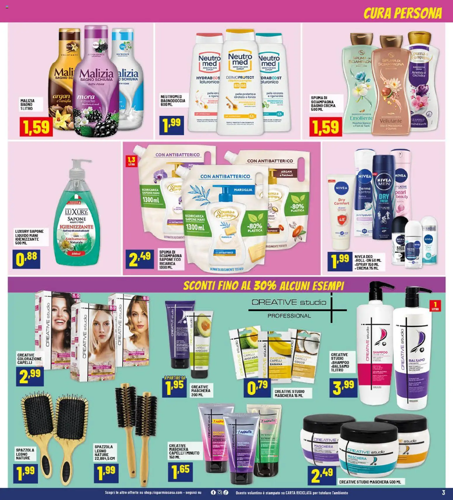 Volantino RisparmioCasa del 23.10.2025 | Pagina: 3 | Prodotti: Spazzola, Shampoo, Sapone, Bagno