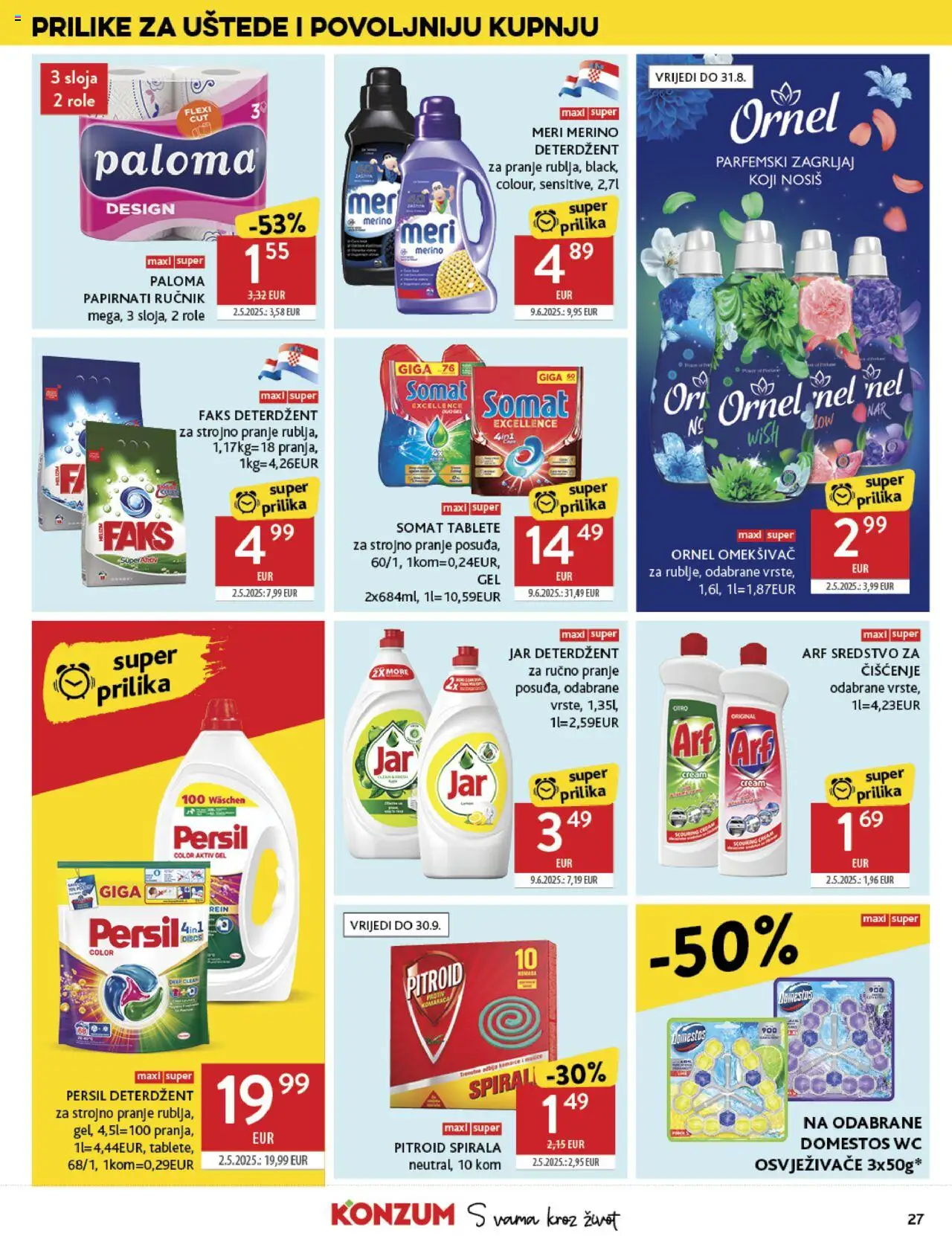 Konzum HR akciós ujság - amely érvényes a következő dátumtól: 06.08.2025 | Oldal: 27 | Termékek: Persil, Somat, WC