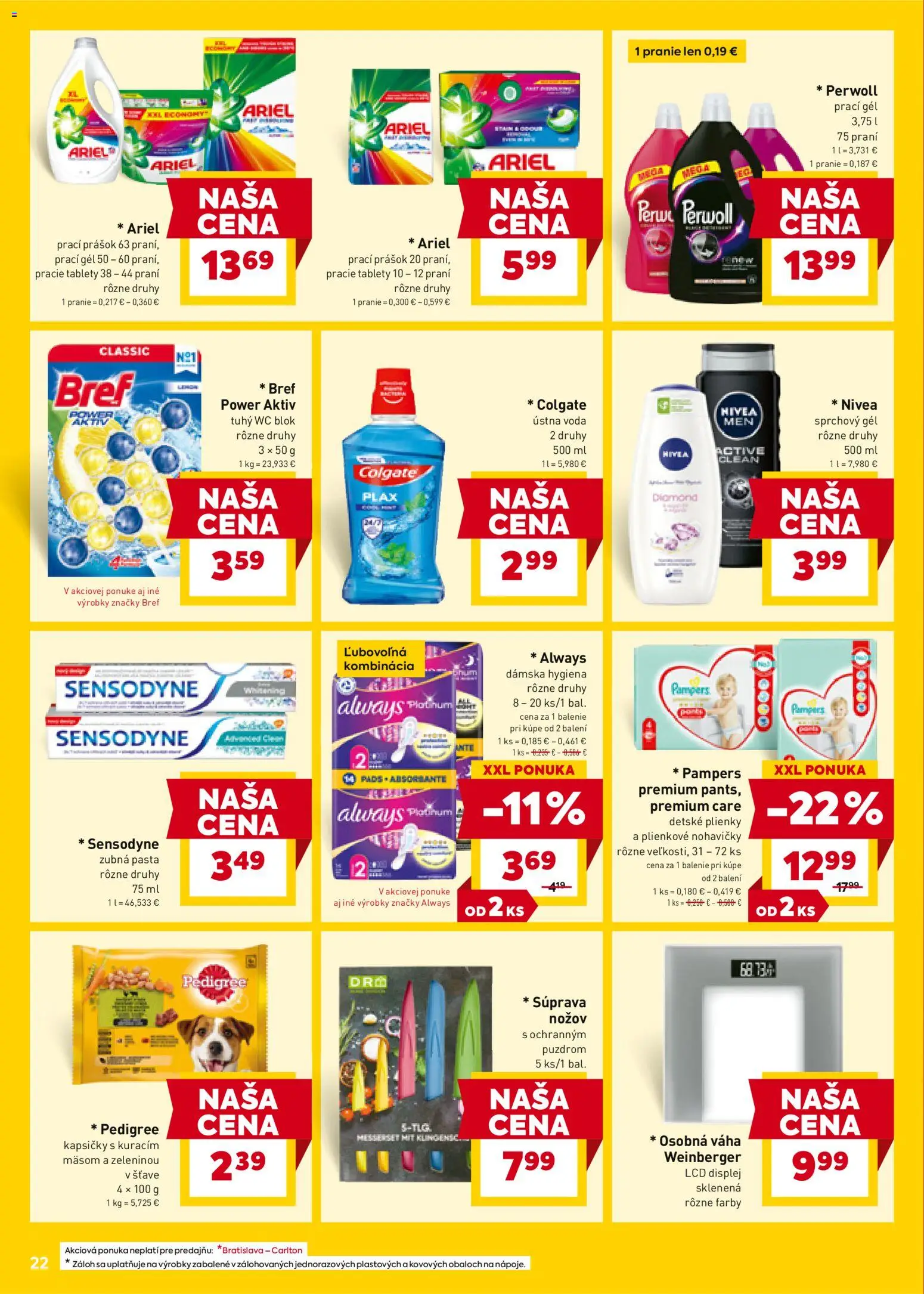 Nové Billa akcie – leták je platný od 07.01.2026 | Strana: 22 | Produkty: Prací prášok, Sprchový gél, Zubná pasta, Plienky
