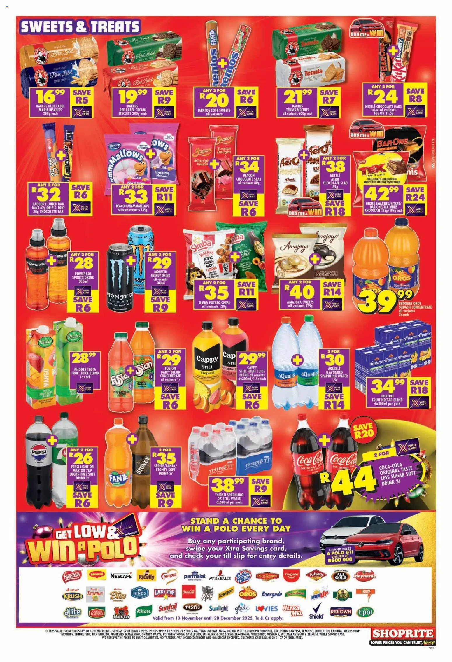New Shoprite catalogue – valid from 20.11.2025 | Page: 7 | Products: Sweets, Chips, Water, Fruit