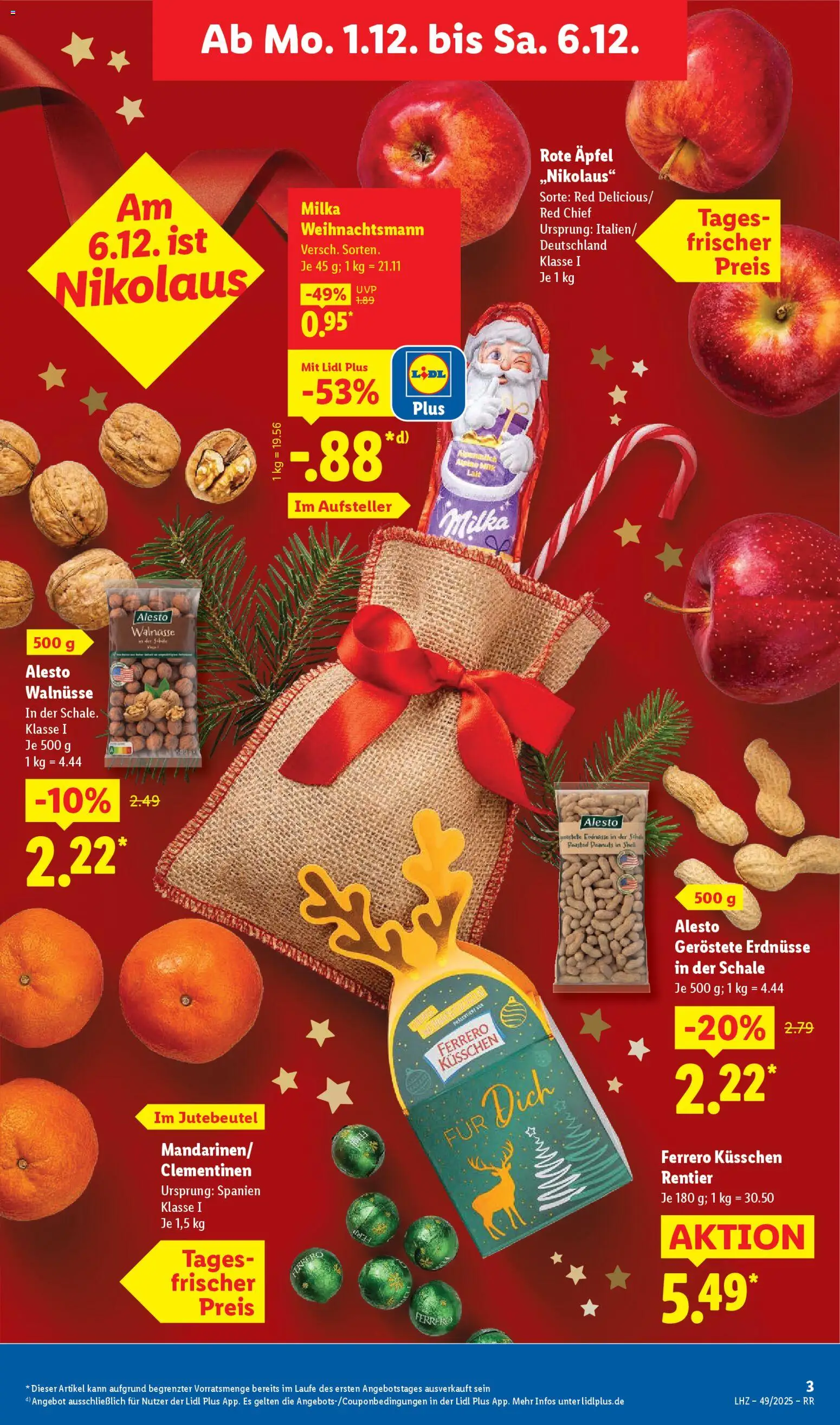 Lidl Prospekt Düsseldorf – gültig ab 01.12.2025 | Seite: 3 | Produkte: Erdnüsse, Walnüsse, Äpfel, Milka
