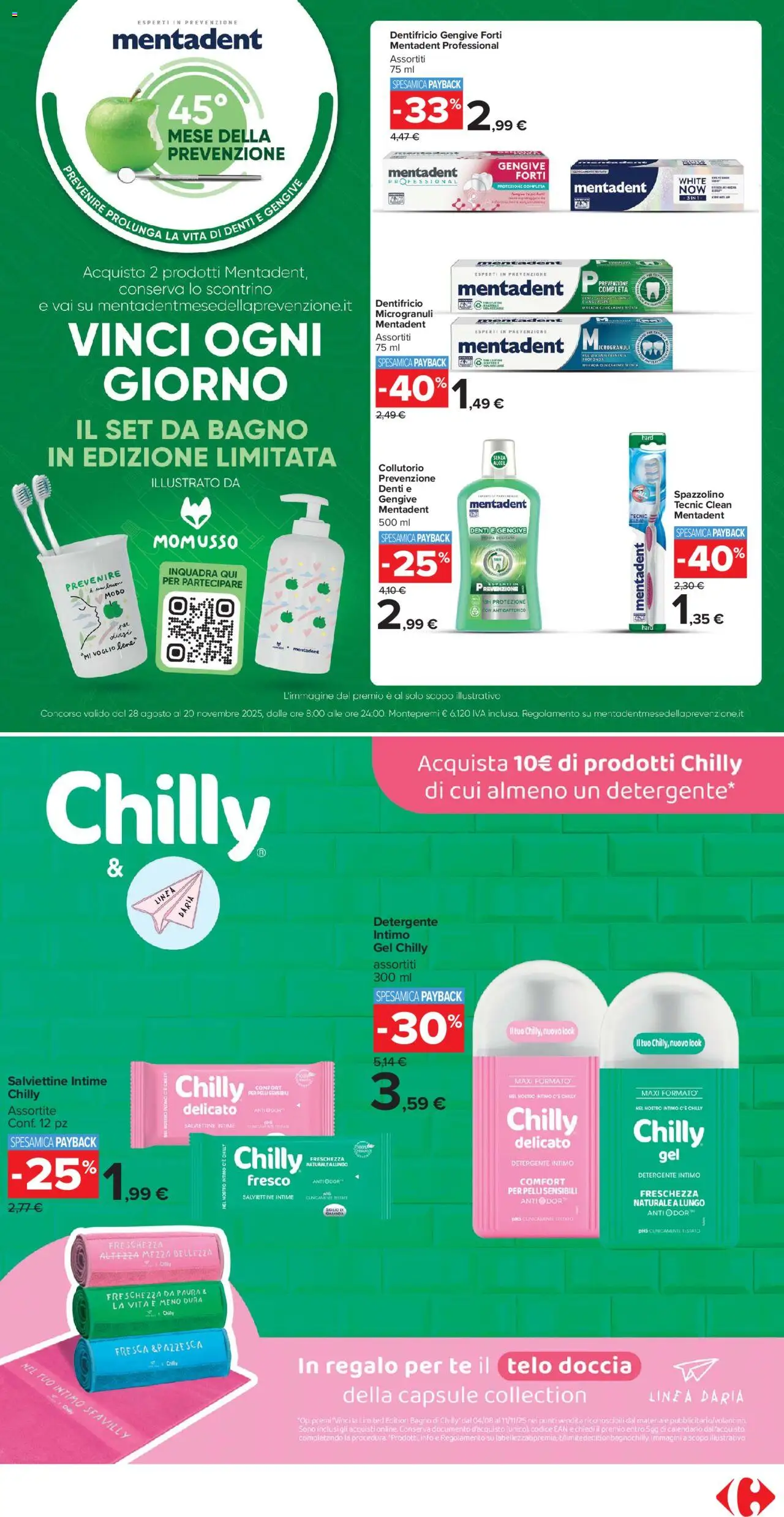 Volantino Carrefour del 10.10.2025 | Pagina: 23 | Prodotti: Spazzolino, Collutorio, Intimo, Doccia
