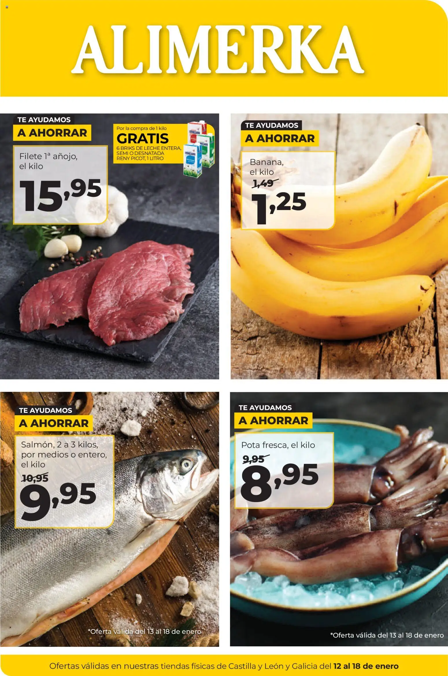 Alimerka folleto Castilla y León │ válido desde el 12.01.2026 | Página: 1 | Productos: Leche, Té, Filete