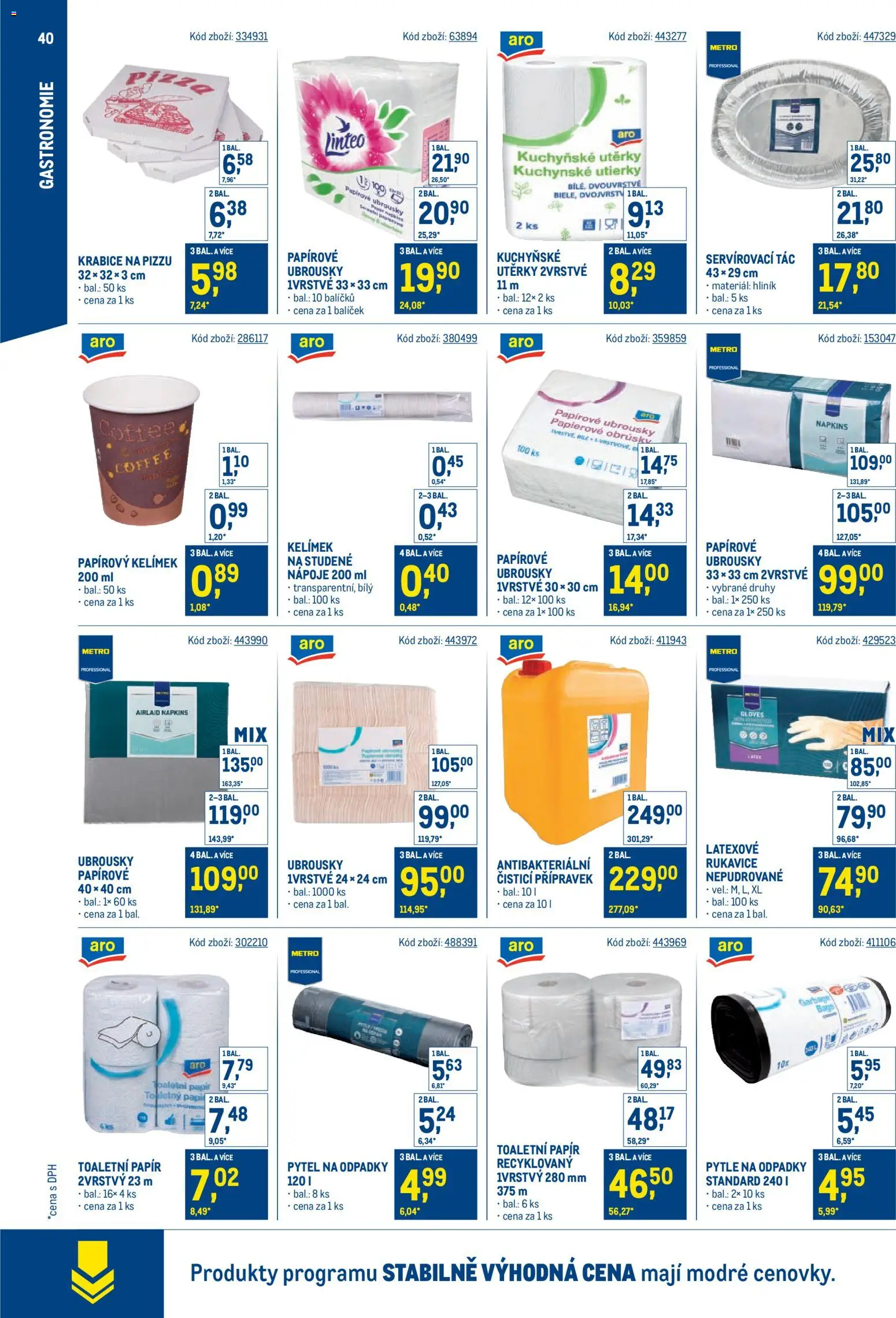 Makro leták - Stabilně výhodná cena – gastronomie od 24.09.2025 | Strana: 40 | Produkty: Rukavice, Toaletní papír, Papířové ubrousky, Pytle na odpadky