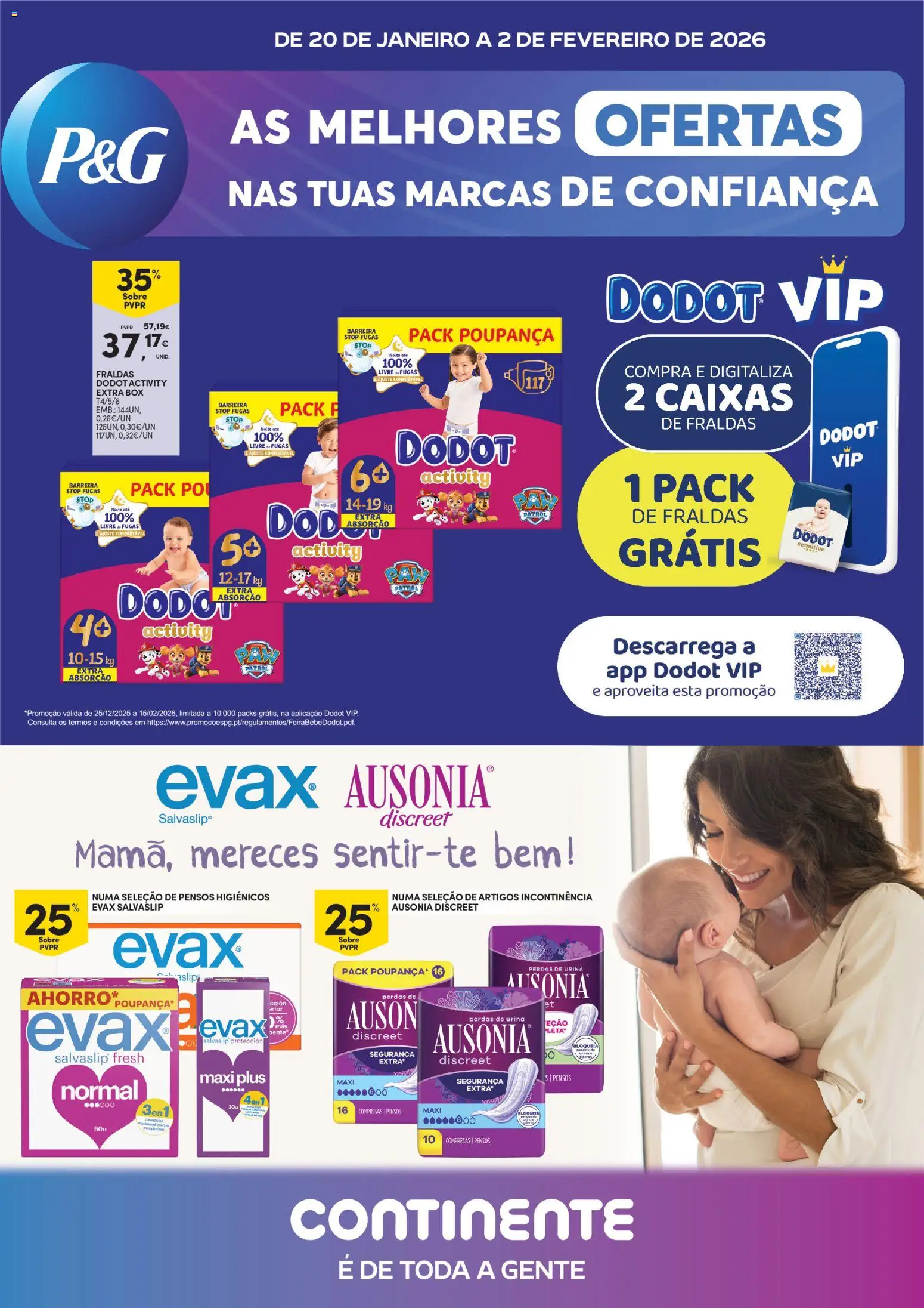 Continente - Açores: Marcas de Confiança │ válido de 20.01.2026 | Página: 1 | Produtos: Pensos higiénicos, Fraldas, Fraldas dodot, Pó