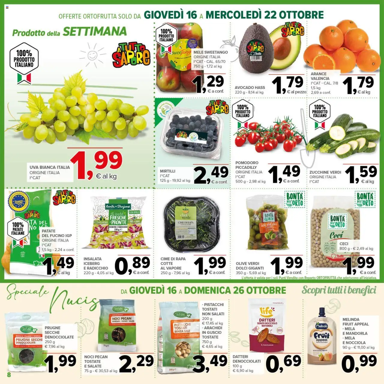 Volantino Todis del 16.10.2025 | Pagina: 8 | Prodotti: Patate, Olive, Uva, Arachidi