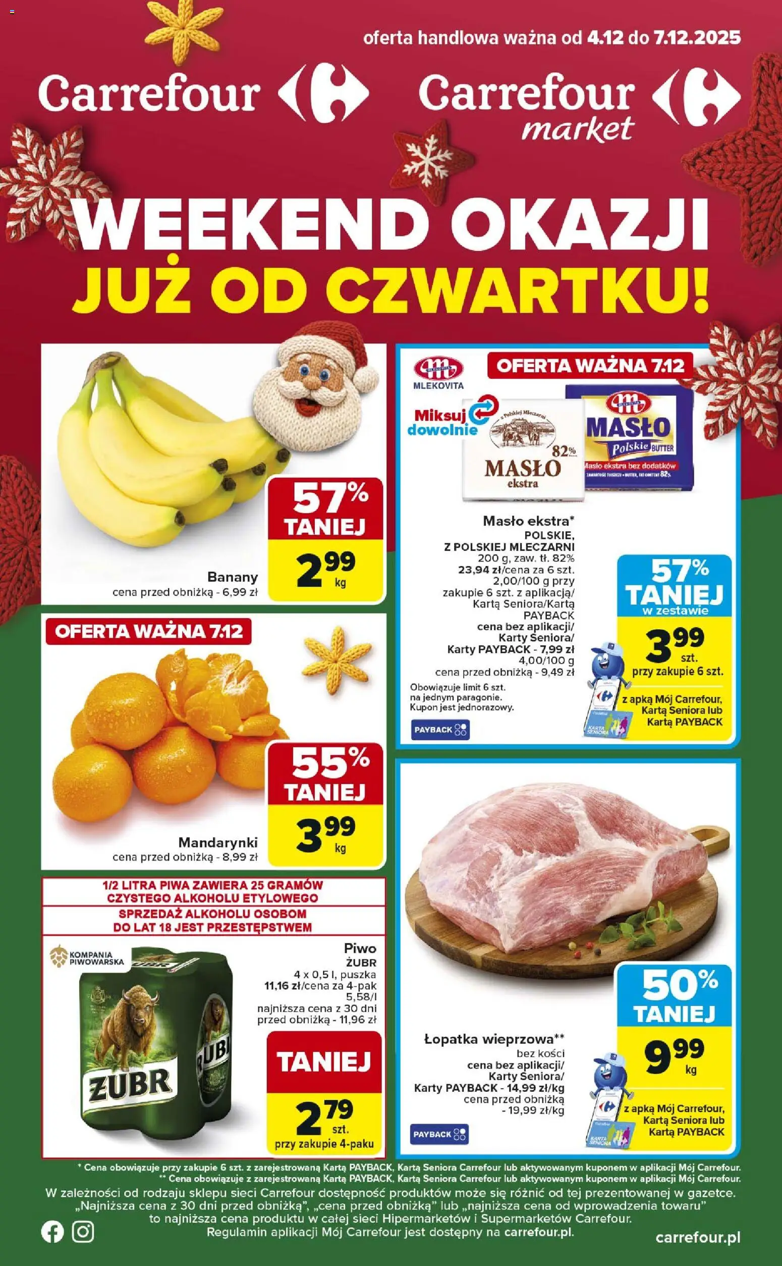 Carrefour Gazetka - Weekend okazji już od czwartku od 04.12.2025 | Strona: 1 | Produkty: Karta, Masło Polskie, Łopatka wieprzowa, Piwo