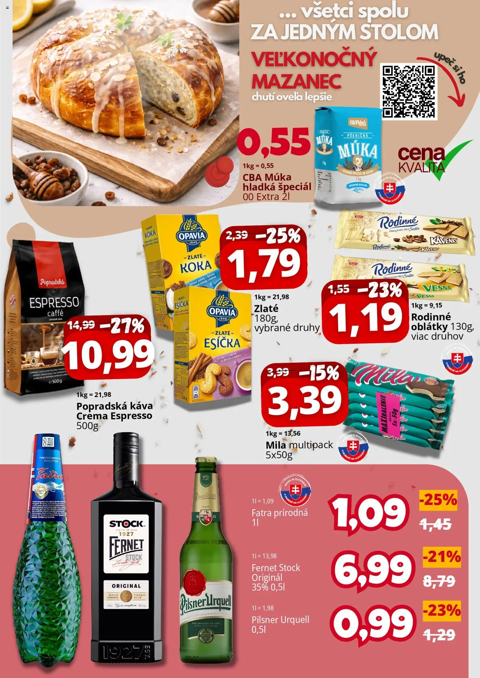 Nové CBA Komfos akcie – leták je platný od 05.03.2026 | Strana: 3 | Produkty: Pilsner Urquell, Popradská káva, Mila, Fernet Stock