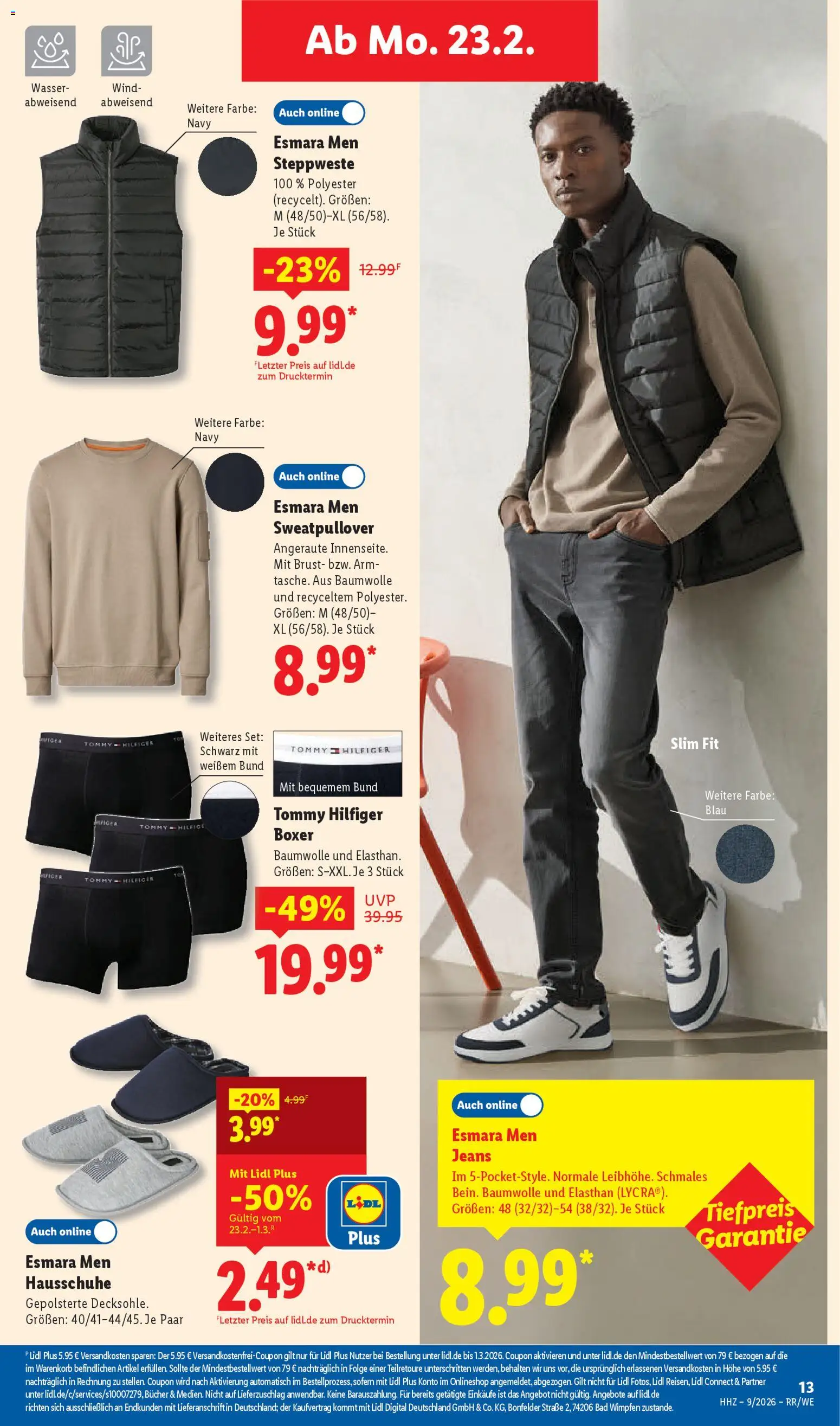 Lidl Prospekt Aarbergen – gültig ab 23.02.2026 | Seite: 23 | Produkte: Steppweste, Boxer, Hausschuhe, Jeans