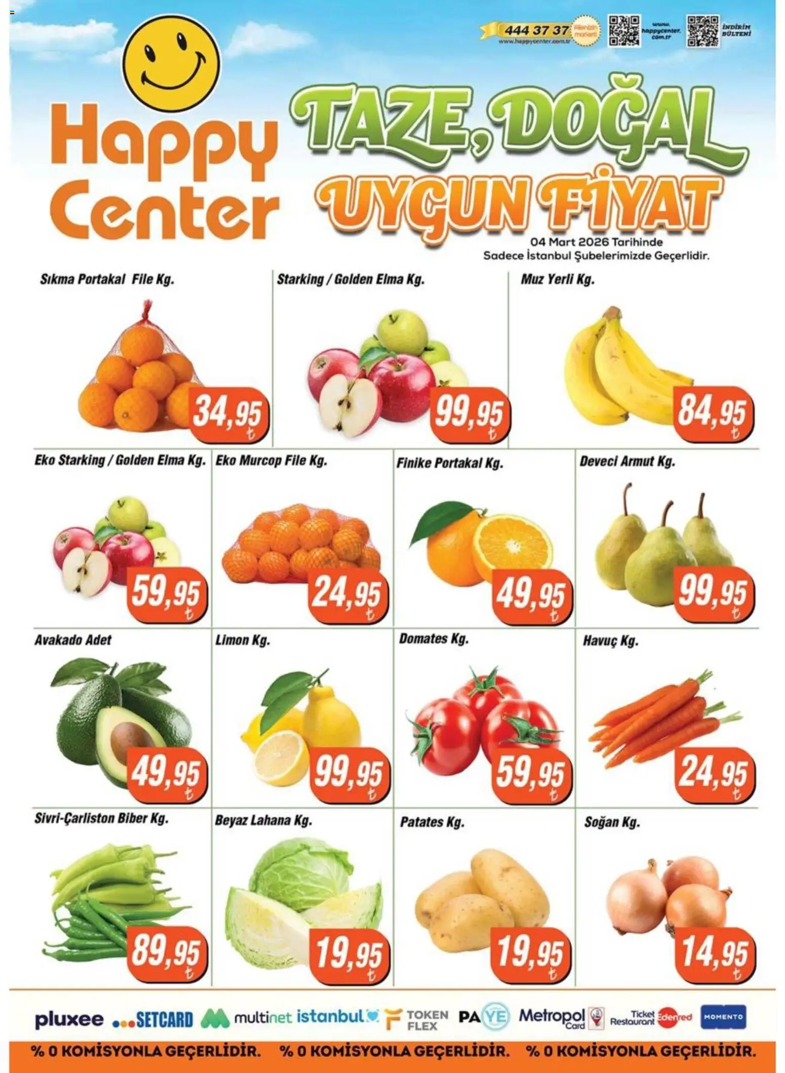 Happy Center - Manav - 04.03.2026 tarihinden itibaren geçerlidir | Sayfa: 1 | Ürünler: Muz, Havuç, Biber, Lahana