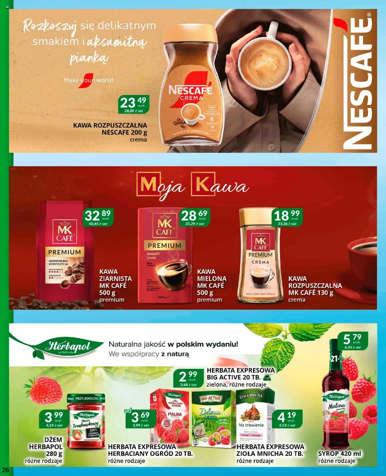 Eurocash Gazetka od 22.09.2025 | Strona: 26 | Produkty: Syrop, Nescafe, Kawa rozpuszczalna, Herbata