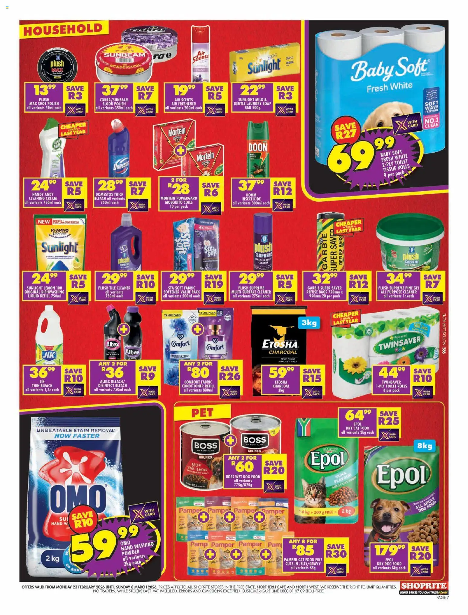 New Shoprite catalogue – valid from 23.02.2026 | Page: 7 | Products: Tuna, Bleach, Soap, Cat food