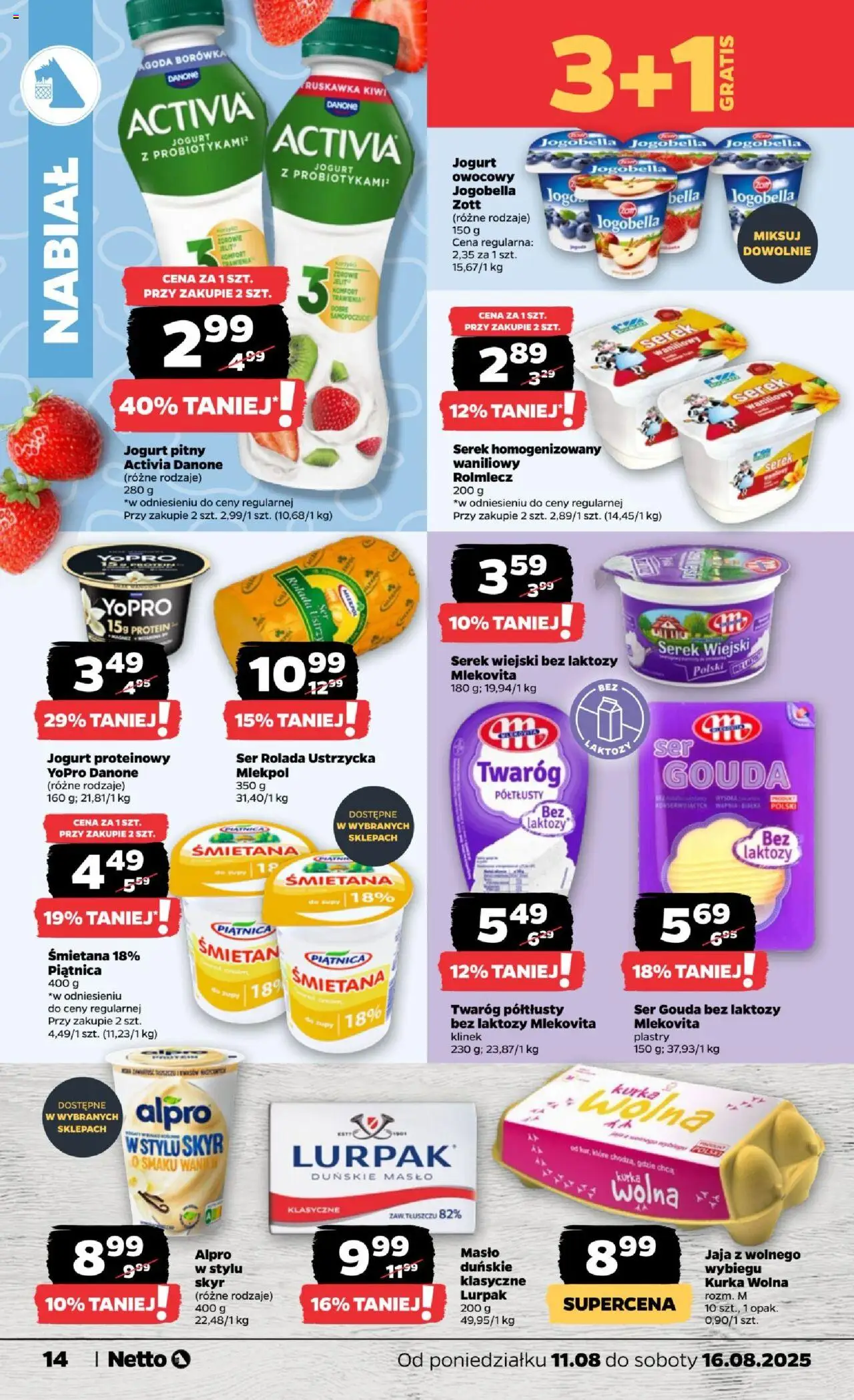 Netto gazetka - Spożywcza od 11.08.2025 | Strona: 14 | Produkty: Twaróg półtłusty, Bez laktozy, Serek homogenizowany, Jaja