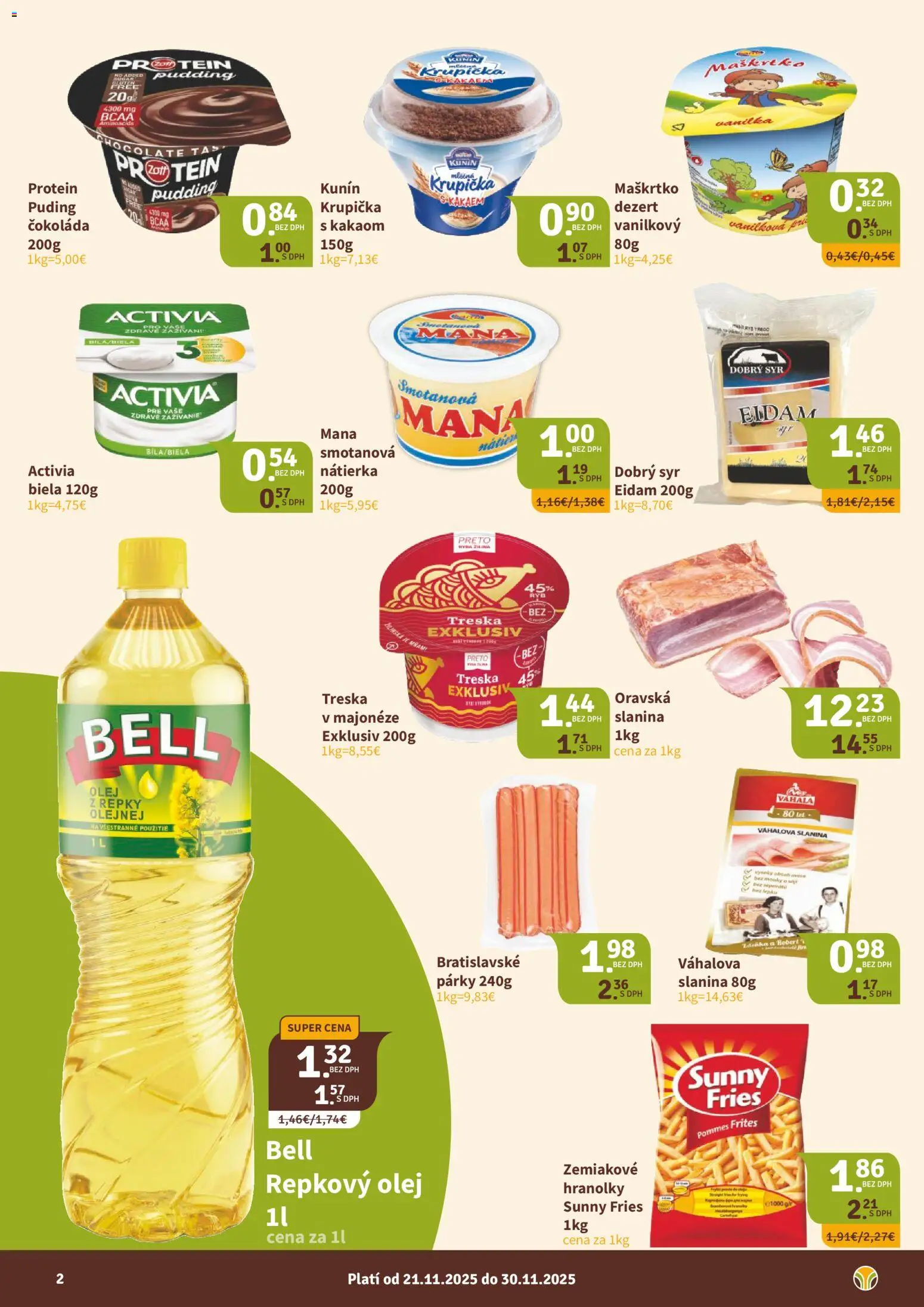 Nové Nitrazdroj akcie – leták je platný od 21.11.2025 | Strana: 2 | Produkty: Slanina, Eidam, Puding, Čokoláda