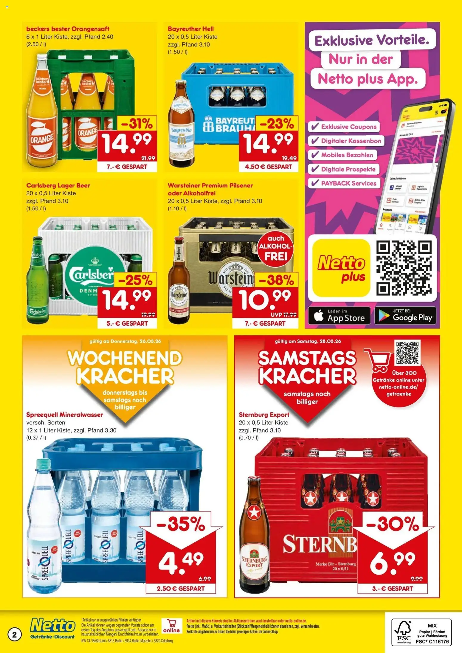 Netto Marken-Discount Prospekt Oderberg	 – gültig ab 23.03.2026 | Seite: 2 | Produkte: Bayreuther hell, Carlsberg, Orangensaft, Mineralwasser
