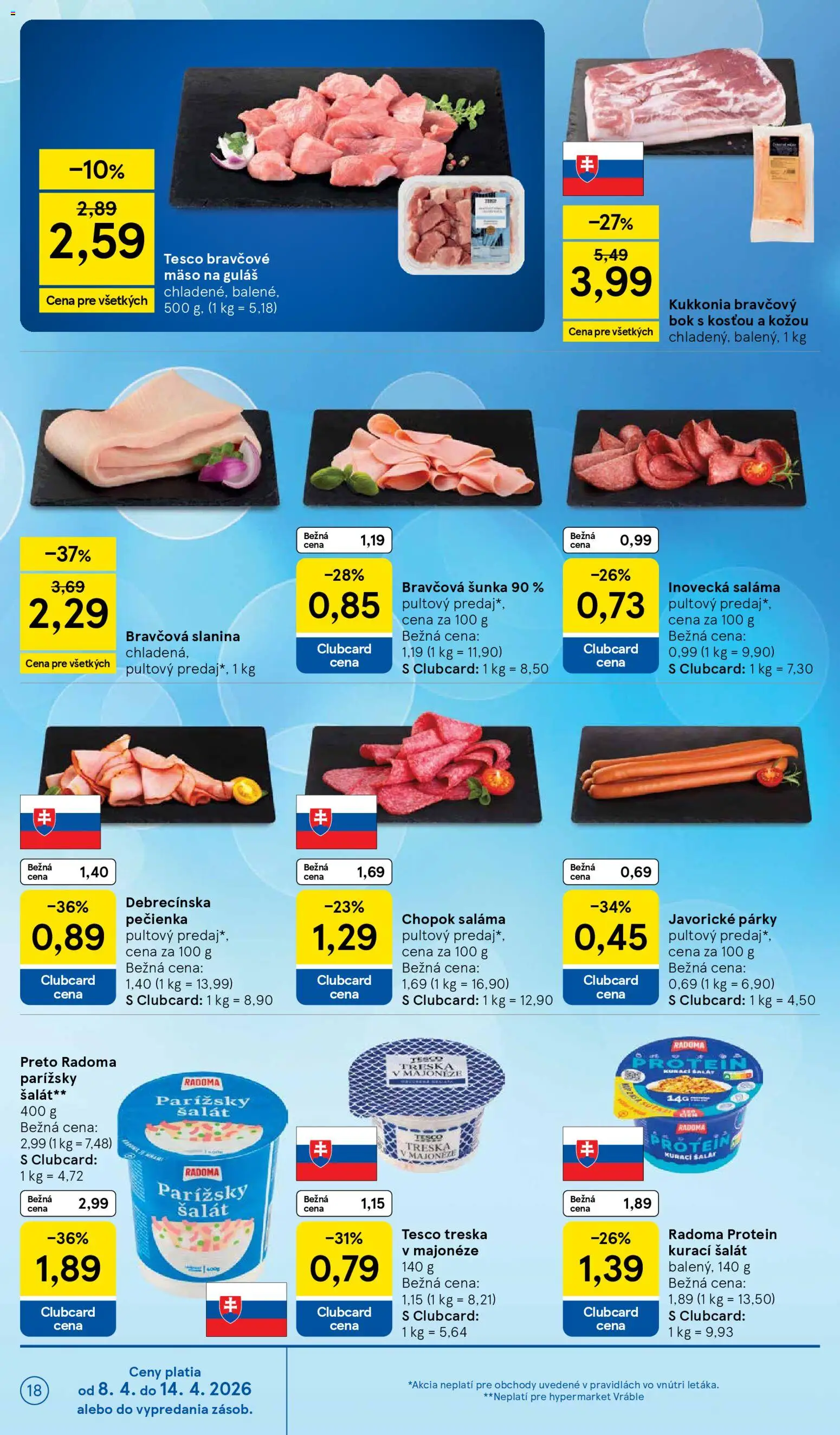 Nové Tesco akcie – leták je platný od 08.04.2026 | Strana: 18 | Produkty: Šunka, Šalát, Párky, Treska