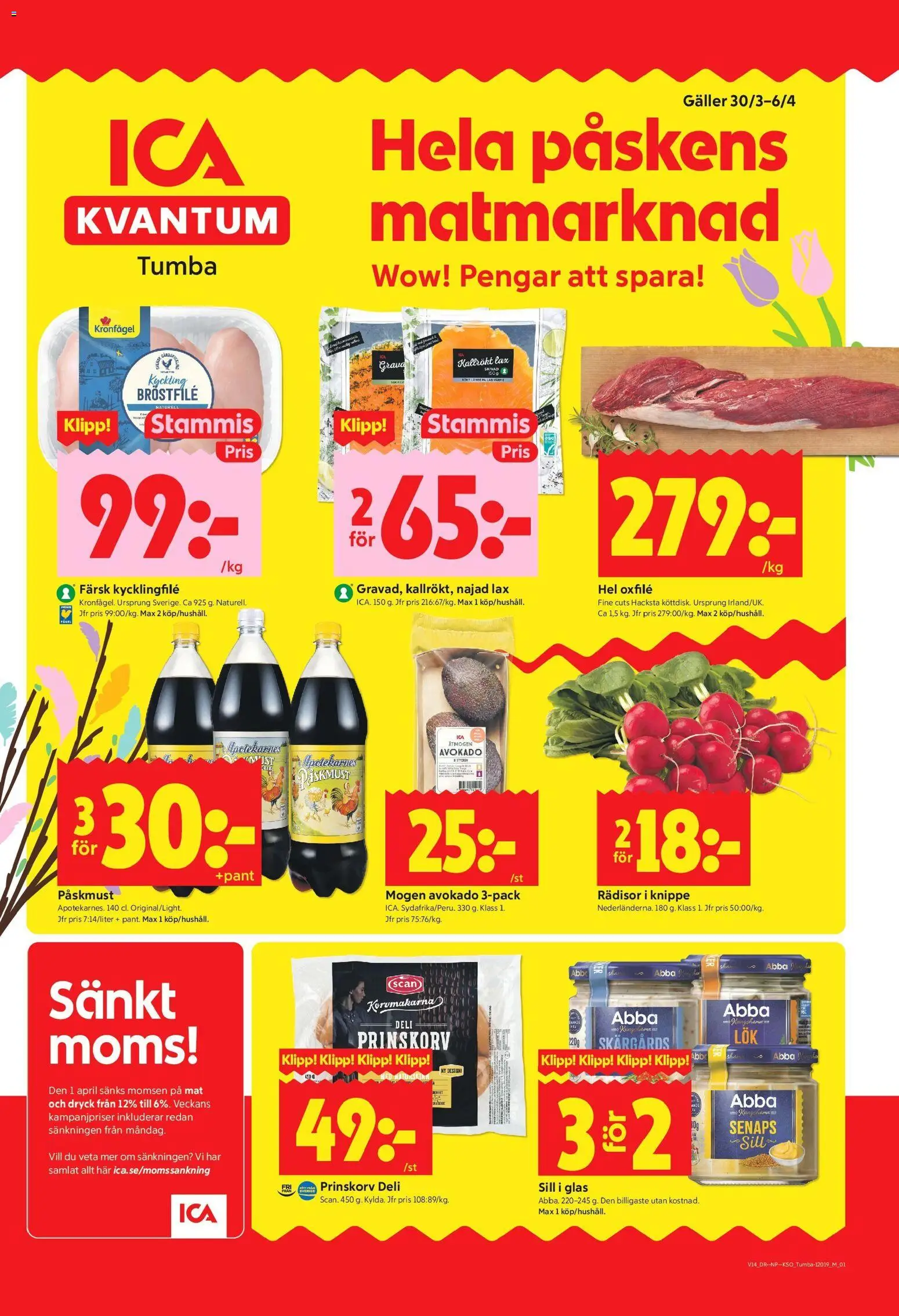 ICA Kvantum reklamblad aktuell från 30.03.2026 | Sida: 1 | Produkter: Prinskorv, Galler, Lax, Oxfilé