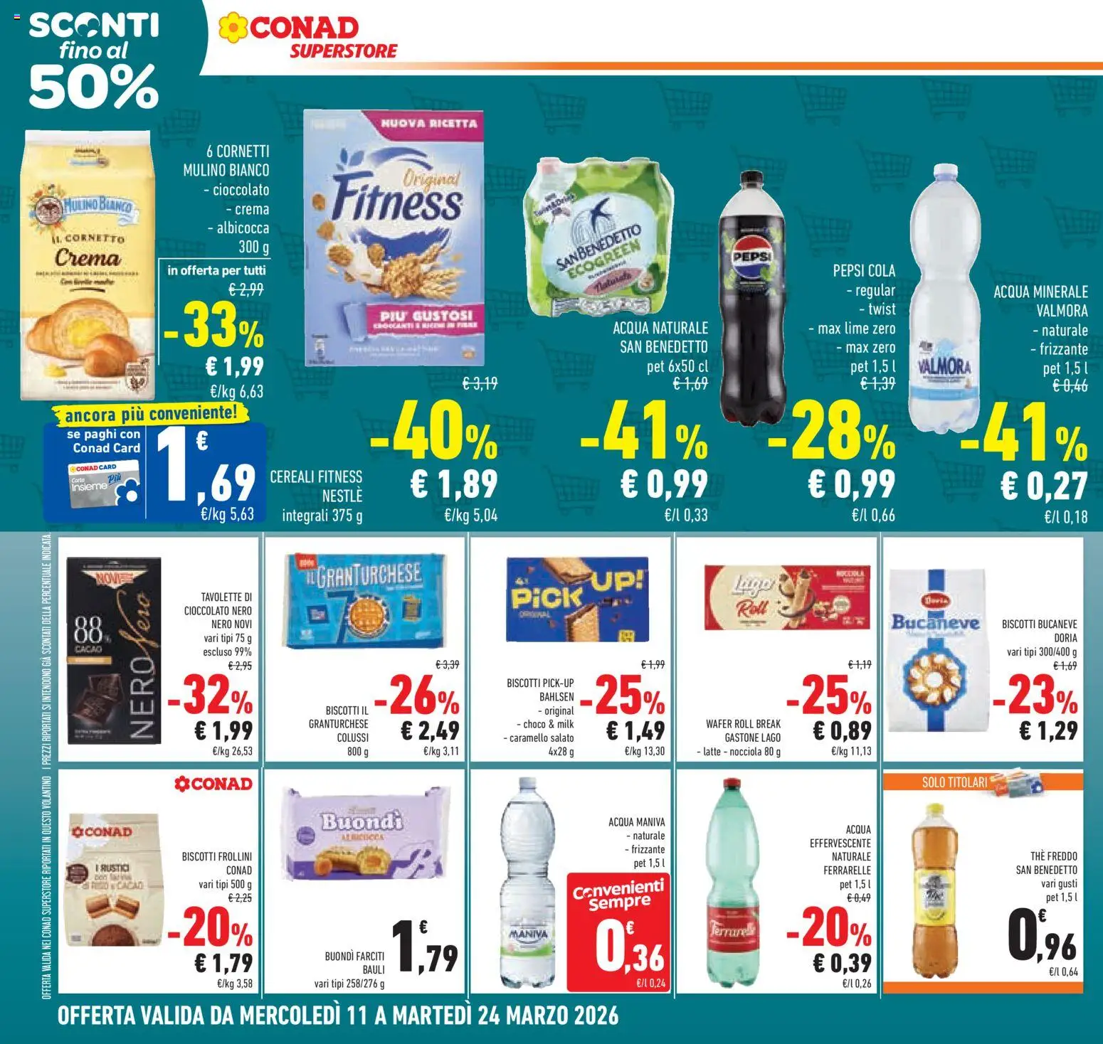 Volantino Conad del 11.03.2026 | Pagina: 28 | Prodotti: Cereali, The, Acqua minerale, Rustici