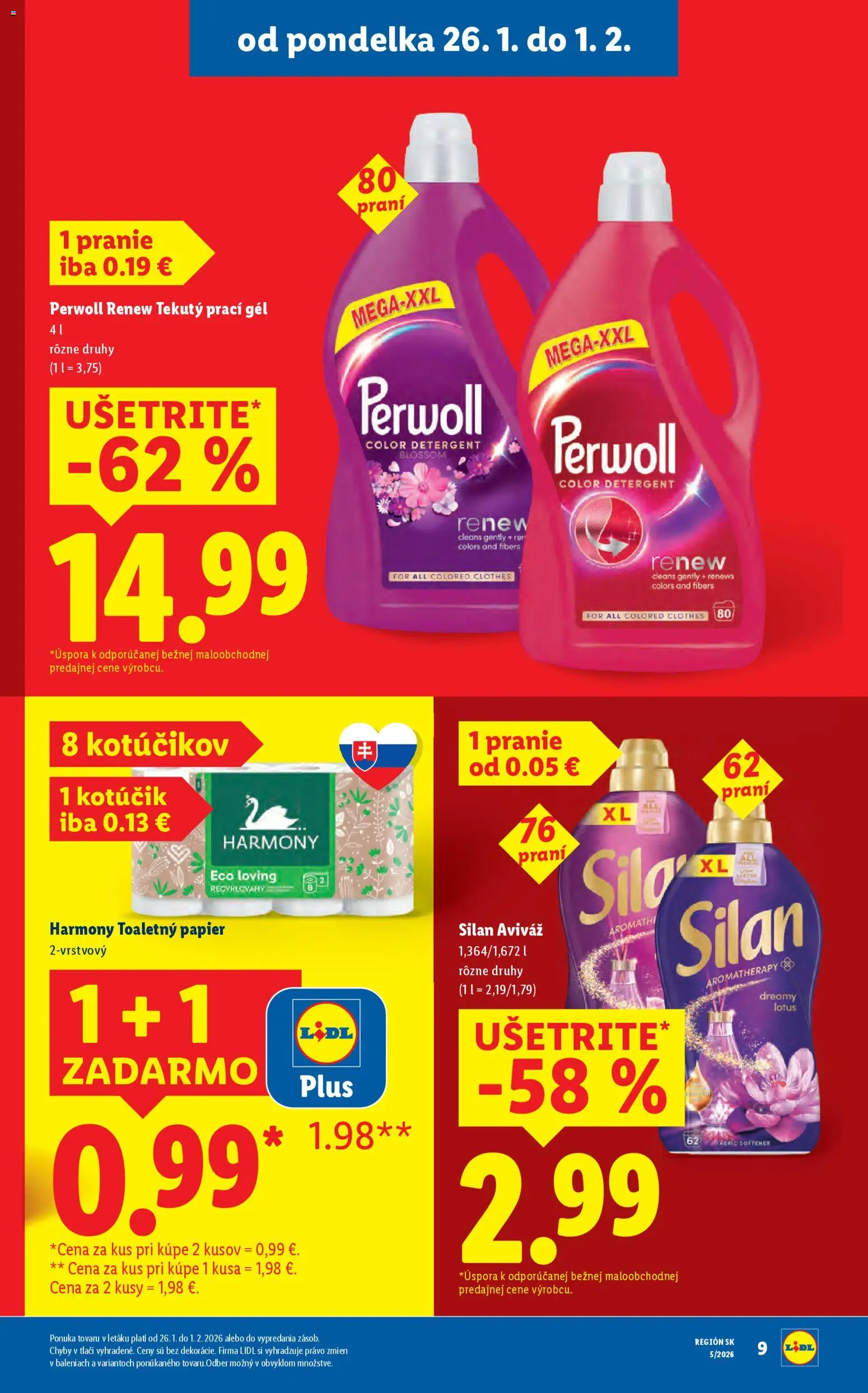 Nové Lidl akcie – leták je platný od 26.01.2026 | Strana: 9 | Produkty: Perwoll, Silan, Toaletný papier, Aviváž