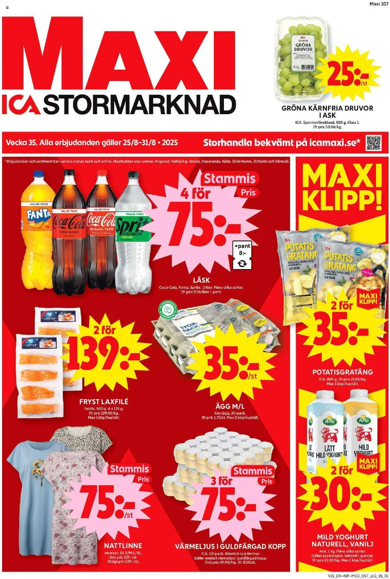 ICA Maxi reklamblad aktuell från 25.08.2025 | Sida: 1 | Produkter: Galler, Potatisgratäng, Coca cola, Ägg