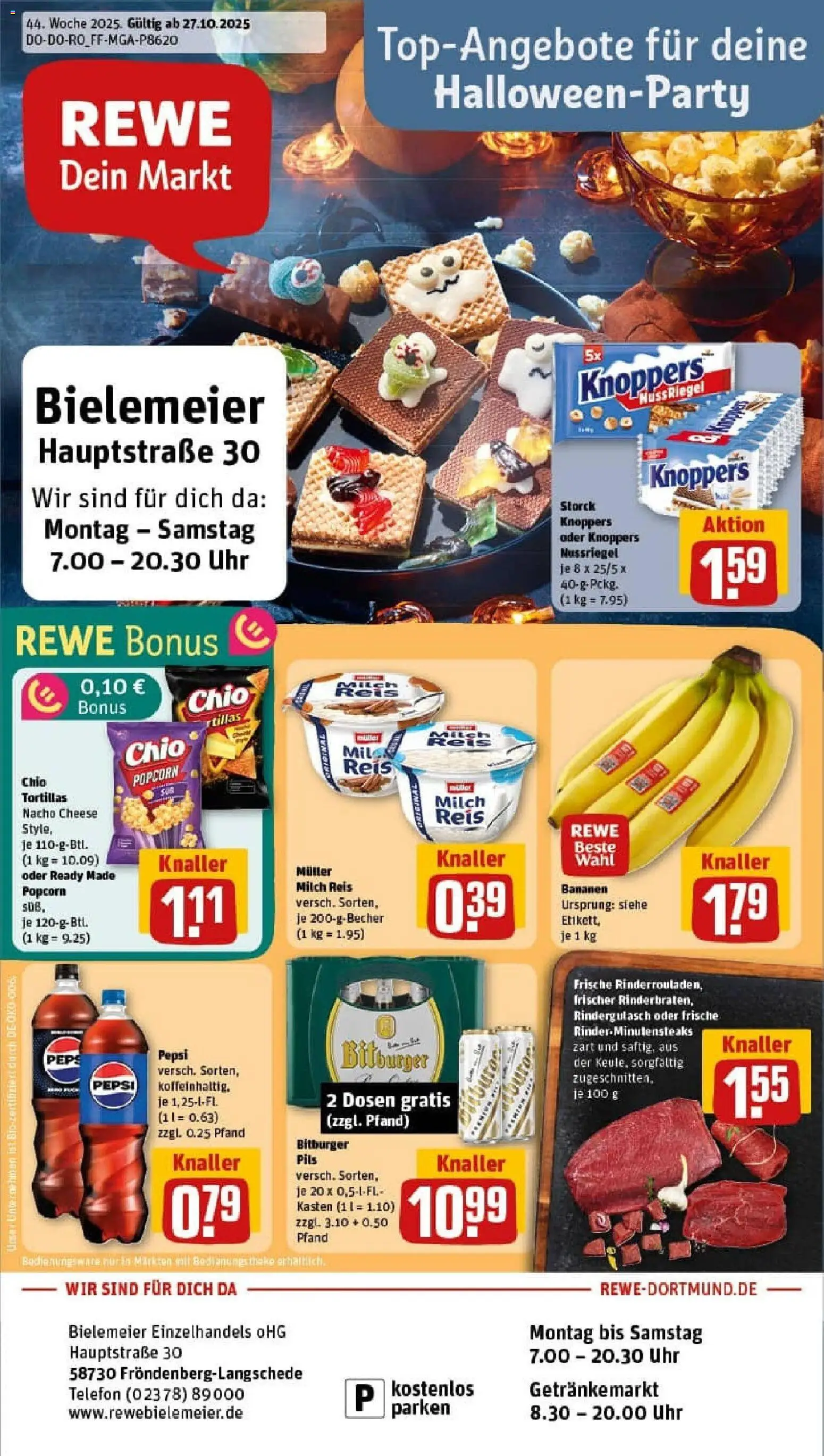 Rewe prospekt Fröndenberg	 – gültig ab 26.10.2025 | Seite: 1 | Produkte: Rindergulasch, Pils, Pepsi, Chio tortillas