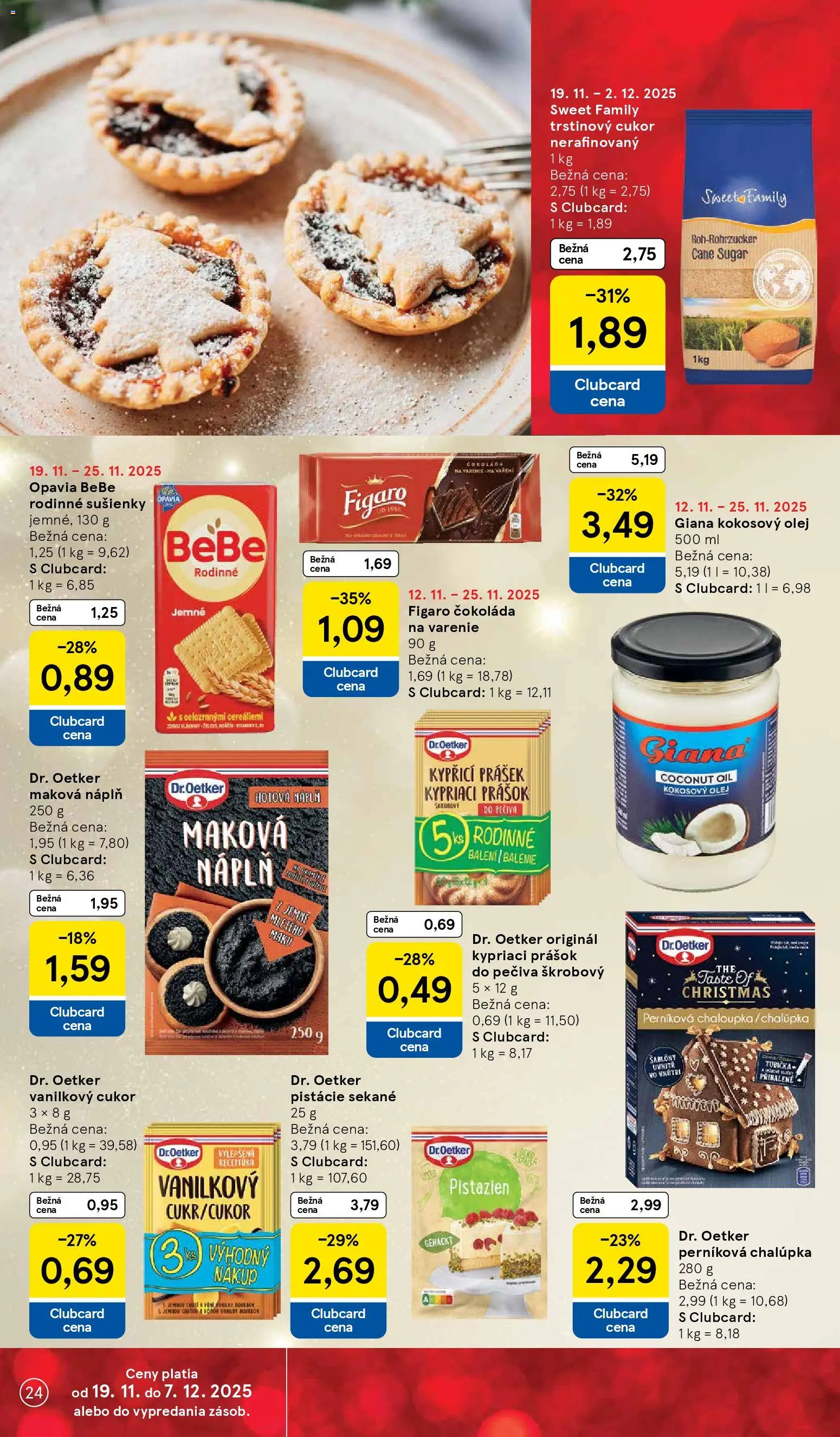 Nové Tesco akcie – leták je platný od 19.11.2025 | Strana: 24 | Produkty: Olej, Vanilkový cukor, Čokoláda, Trstinový cukor