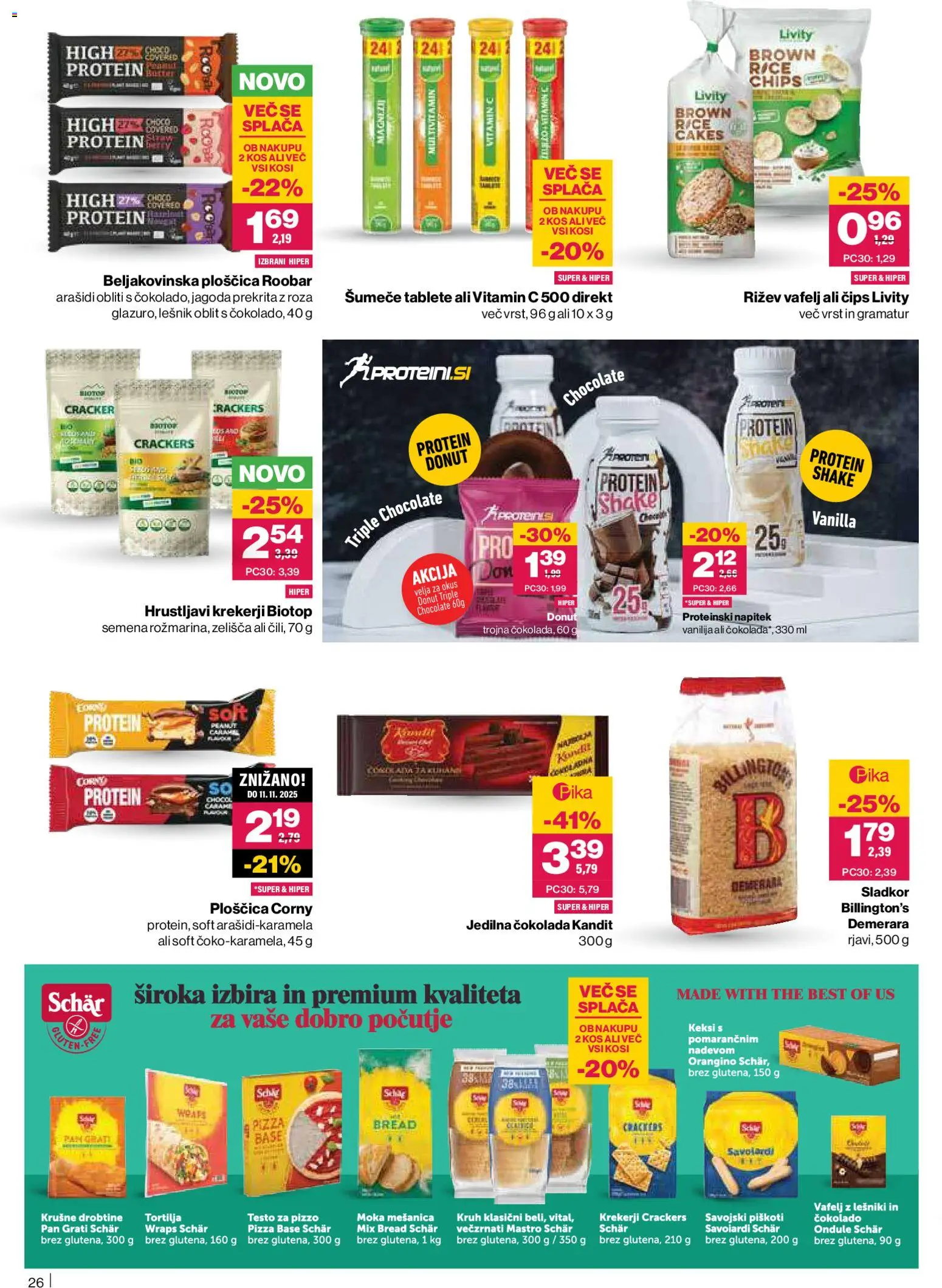 Novi Mercator katalog ponudbe – veljaven od 23.10.2025 | Stran: 26 | Izdelki: Moka, Beljakovinska ploščica, Cokolada, Piskoti
