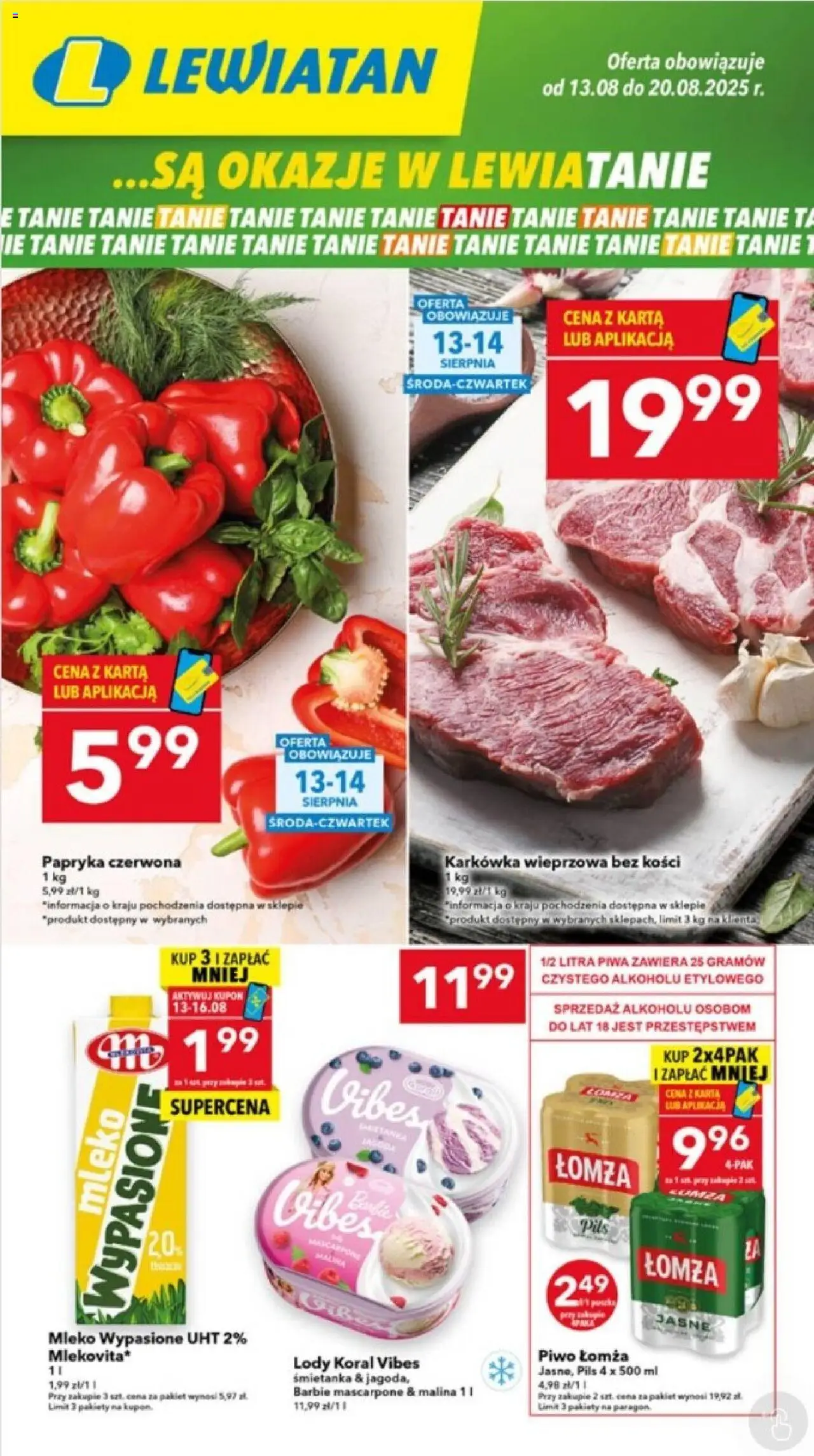 Lewiatan gazetka - Warszawa od 13.08.2025 | Strona: 1 | Produkty: Mleko wypasione, Karkówka wieprzowa, Papryka, Mleko