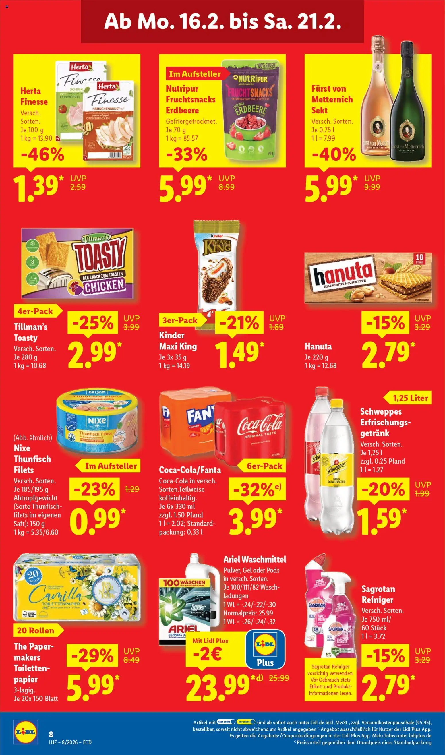 Lidl - Prospekt – gültig ab 16.02.2026 | Seite: 16 | Produkte: Thunfisch, Schweppes, Saft, Toilettenpapier