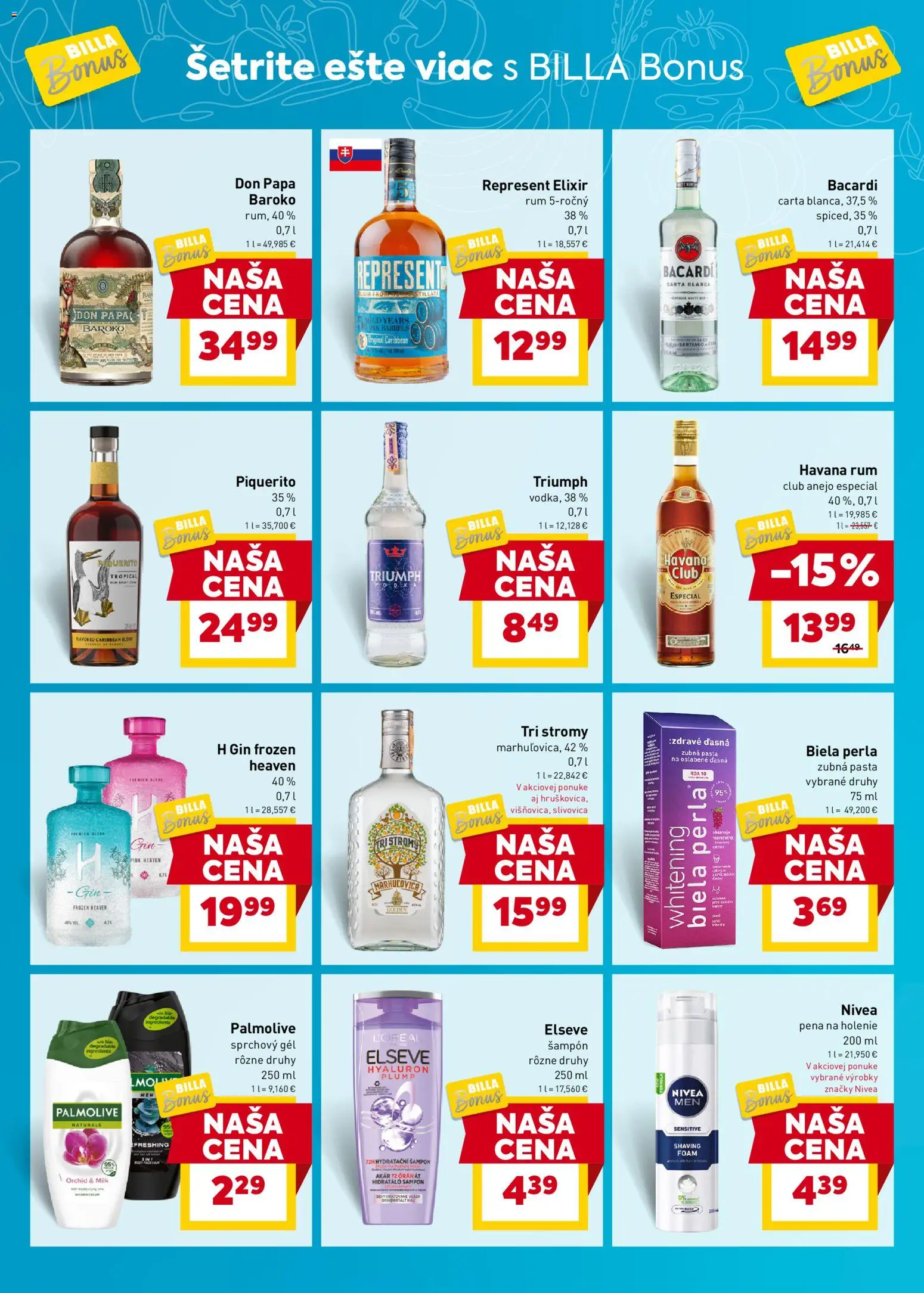 Nové Billa akcie – leták je platný od 10.12.2025 | Strana: 8 | Produkty: Sprchový gél, Slivovica, Gin, Bacardi
